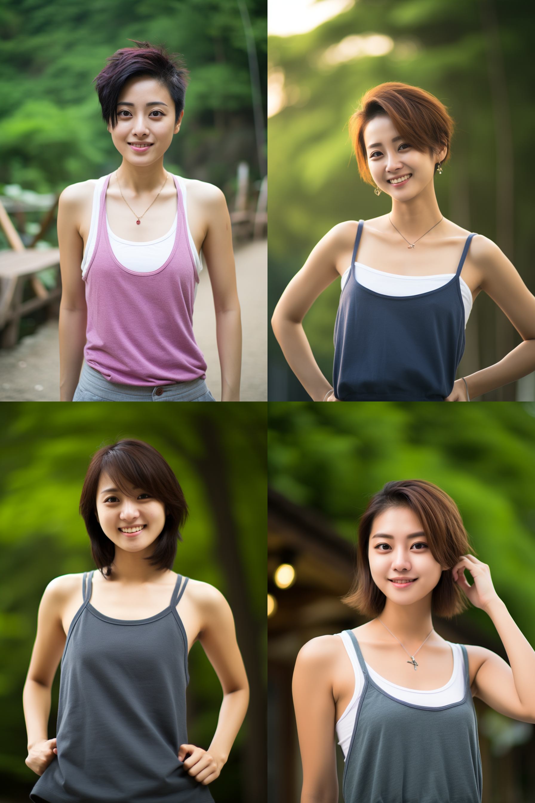 中国短发女孩，穿背心，明亮光线，摄影图 清新自然，户外风景，肖像模式，中焦镜头，微笑，自然姿态，色彩鲜艳，快门优先，放松自然