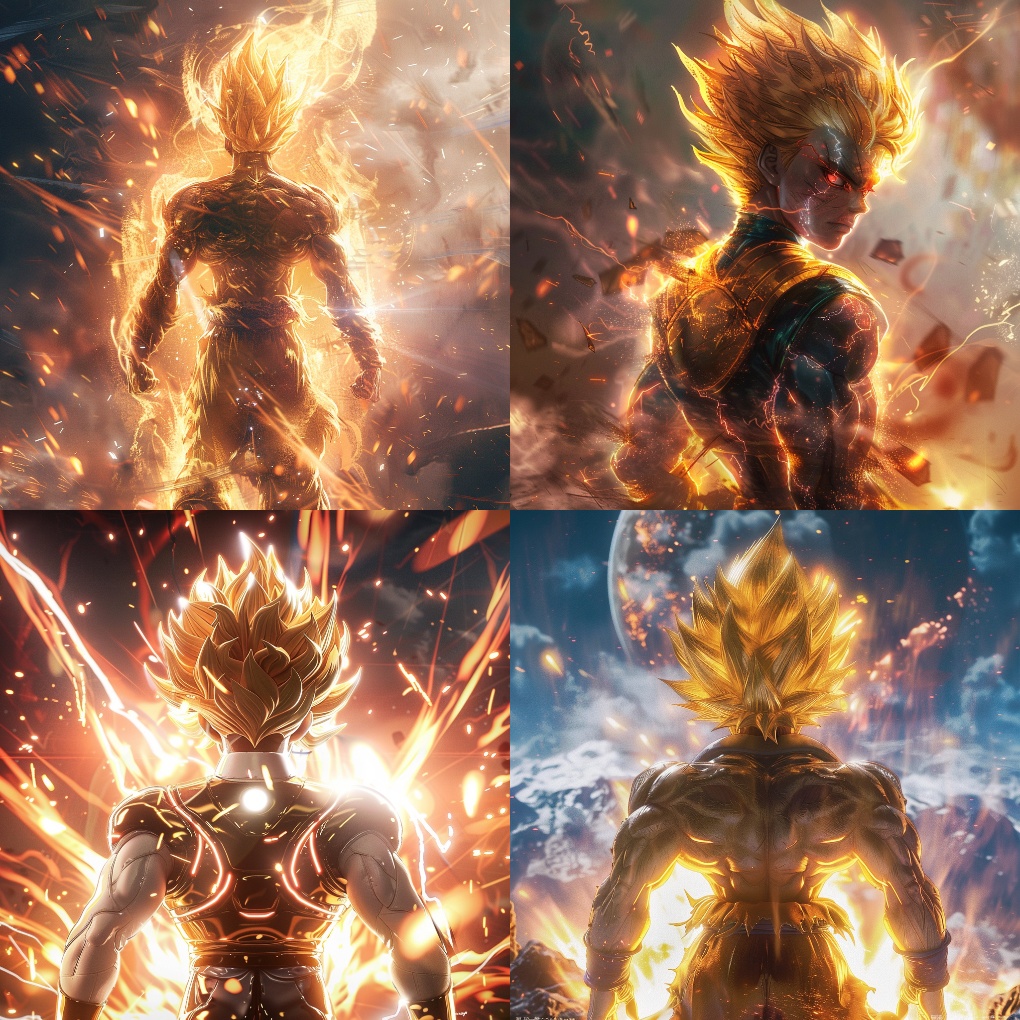 孙悟空变身超级赛亚人，站在龙珠前，他背对着镜头，明亮色彩，强烈光影效果，细腻线条，展现动漫作品中的狂热氛围。悟空穿着战斗服，神情庄严，眼中充满决心和力量。广角镜头突出场景的壮丽和悟空的英雄形象。超级赛亚人状态下，悟空有着金发和雄壮的肌肉。