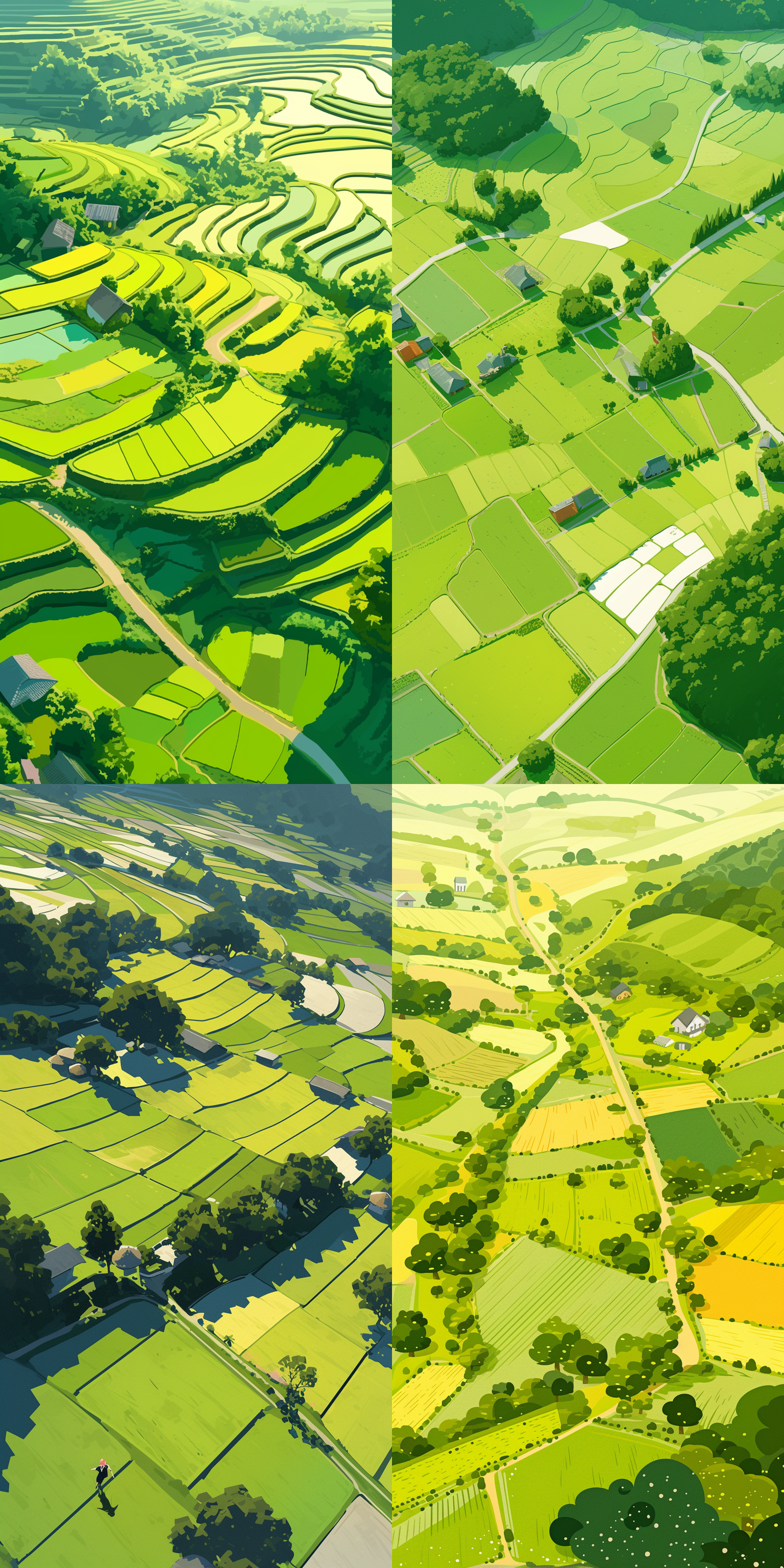 绿色，农耕，春天，水稻田，，明亮，高级灰，矢量插画风格，简约 动画艺术 二维插图 俯视