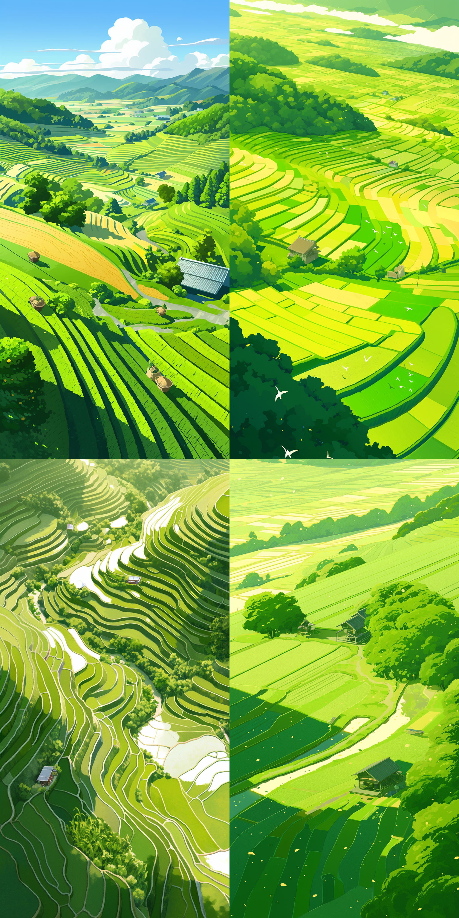 绿色，农耕，春天，水稻田，，明亮，高级灰，矢量插画风格，简约 动画艺术 二维插图 360度全景