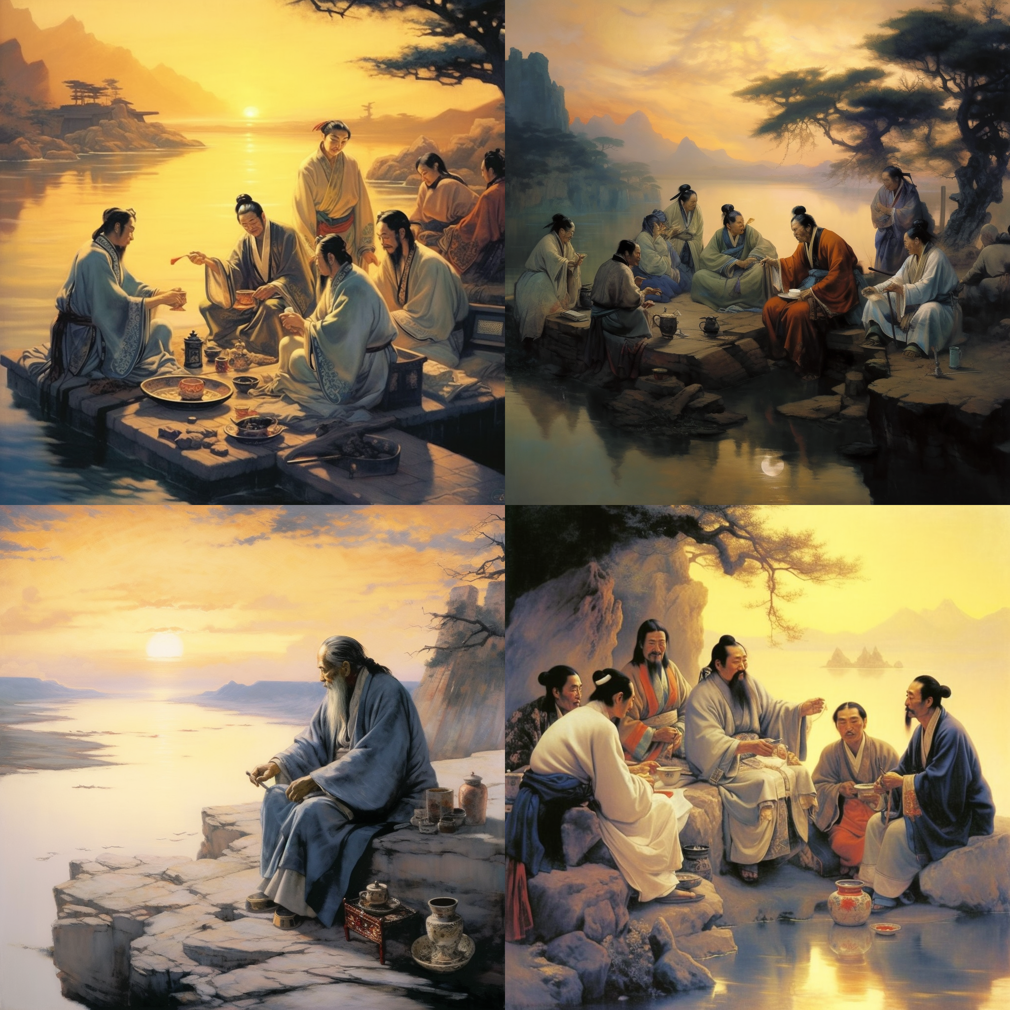 暮年李白，道袍，朋友，黄河边，将进酒，夕阳，晚霞，水墨画，蓝青色调，古典，文人气息，群体，端庄，光影。