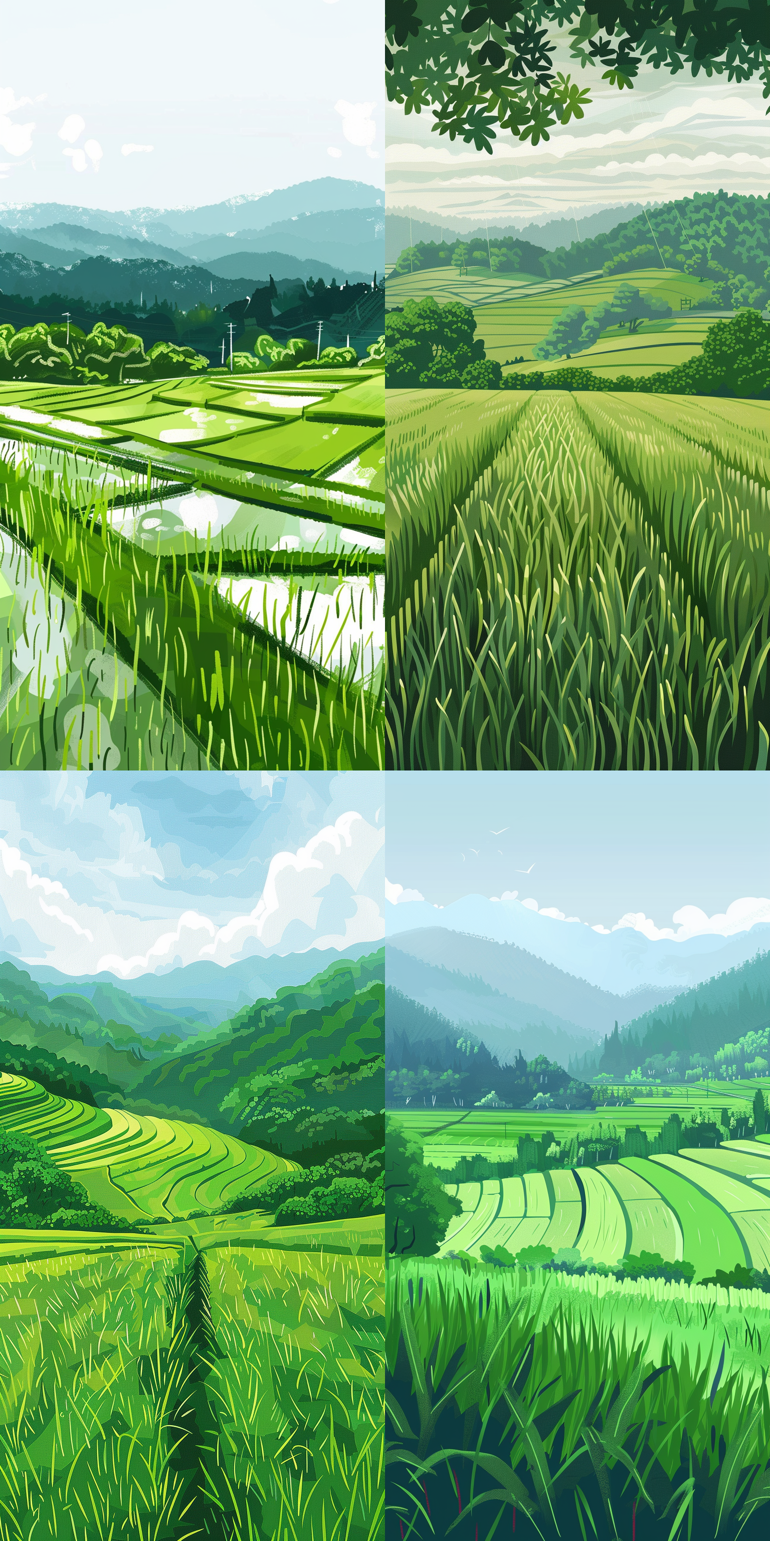 绿色，农耕，春天，水稻田，，明亮，高级灰，矢量插画风格，水田， 二维插图 长焦拍摄
