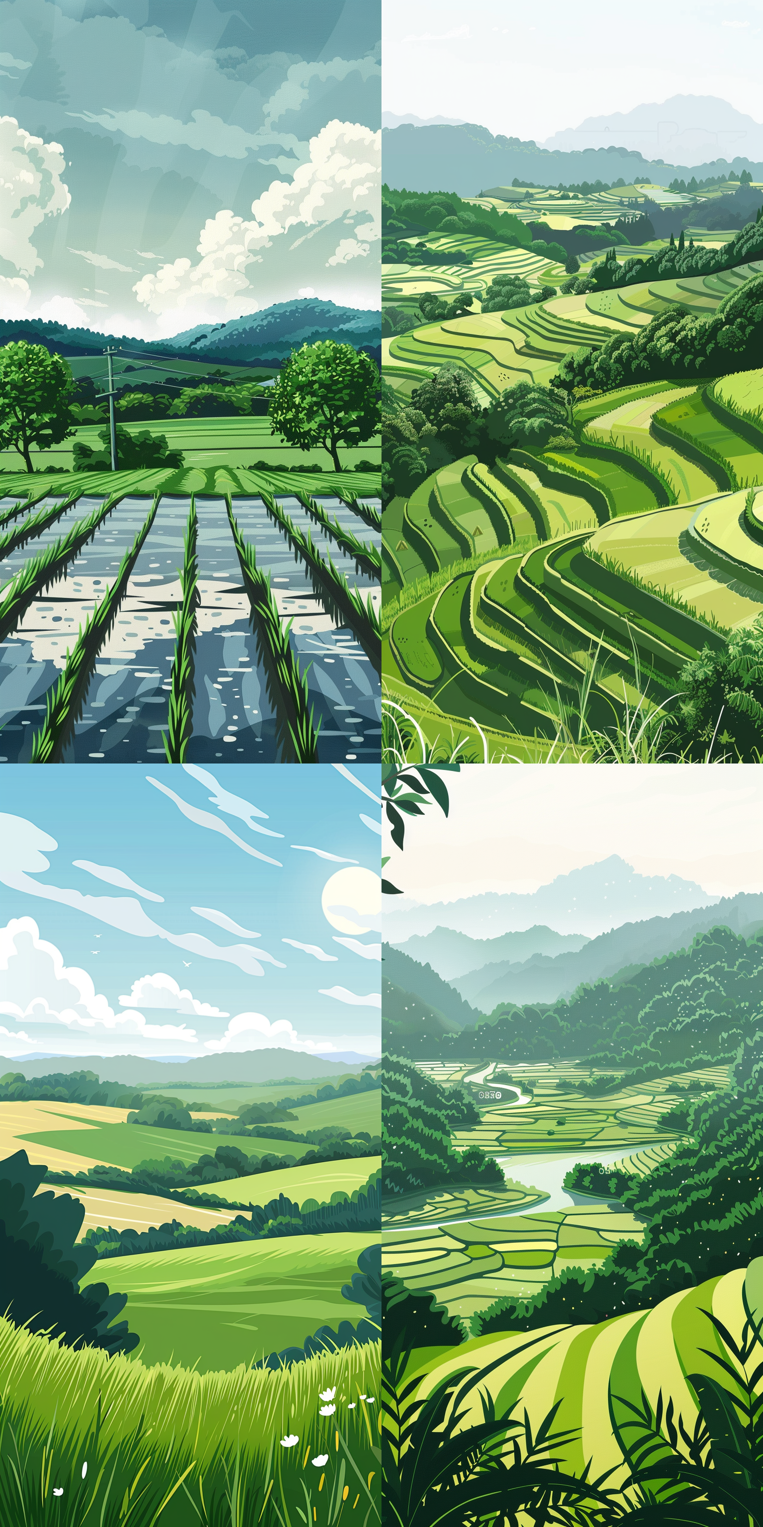 农耕，春天，平原，水田，明亮，高级灰，矢量插画风格，矢量图，平面设计，水田，简约，色块 二维插图 长焦拍摄