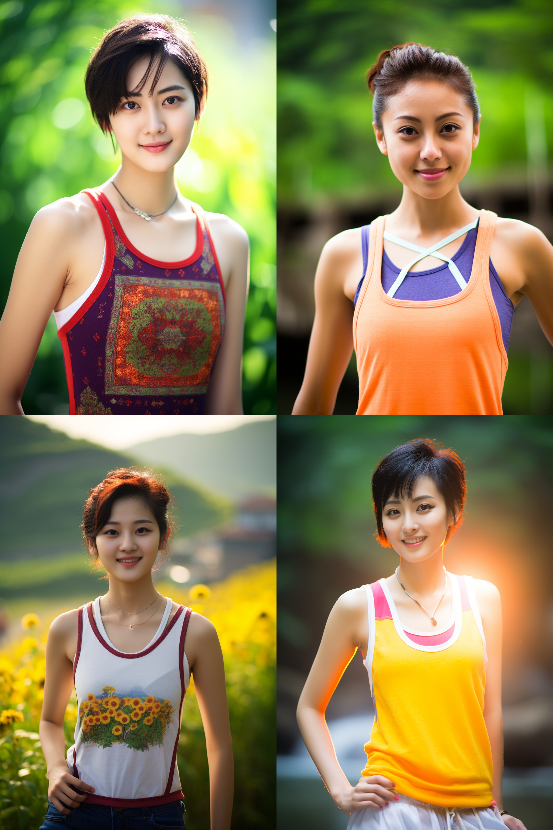 中国短发女孩，穿背心，明亮光线，摄影图 清新自然，户外风景，肖像模式，中焦镜头，微笑，自然姿态，色彩鲜艳，快门优先，放松自然