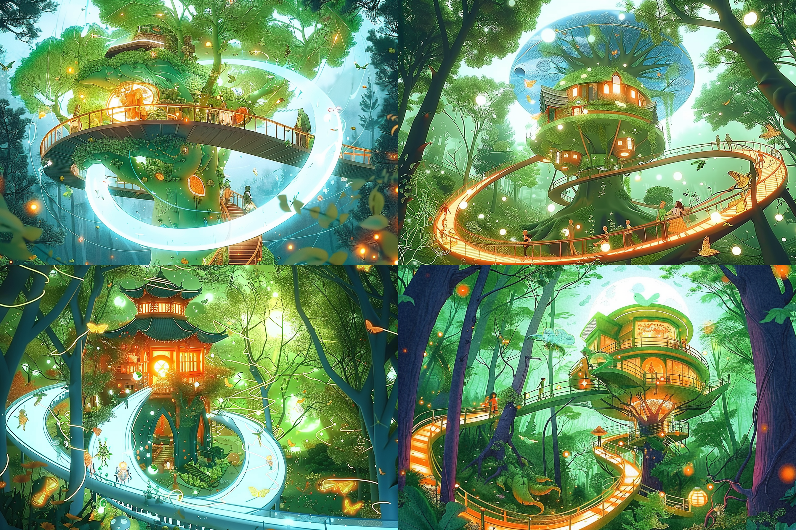 夜晚的魔幻发光森林，一座神秘的树屋被幽蓝色的蓝光光环绕着。这是一座萤火虫的家园，人类到萤火虫家园里探秘，神秘、奇幻、光影交错、荧光、树屋、月亮、森林、花海、夜晚。 奇幻森林 森林 魔法花园 丁达尔效应 低角度 霓虹。细节清晰，精细 奇幻森林 森林 魔法花园 丁达尔效应 低角度 霓虹 绿野仙踪