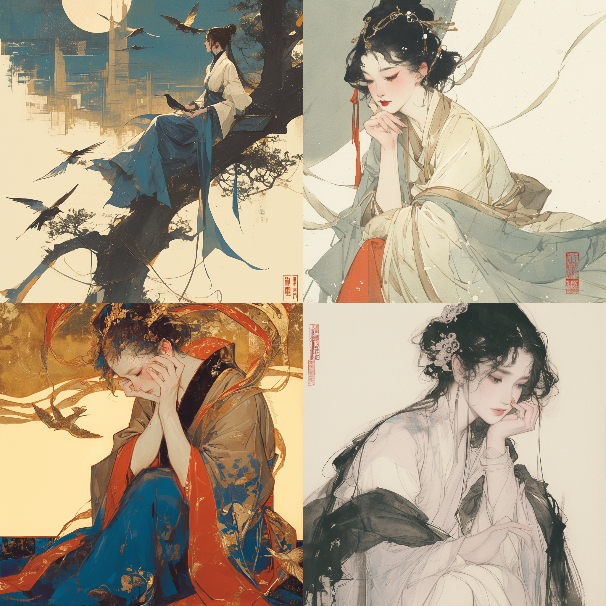 中国风画风，回梦燕子楼，女子受伤，沉思，古色调，唐代风格，忧郁，感伤，宁静，光影，传统服饰，抒情，表达力强。