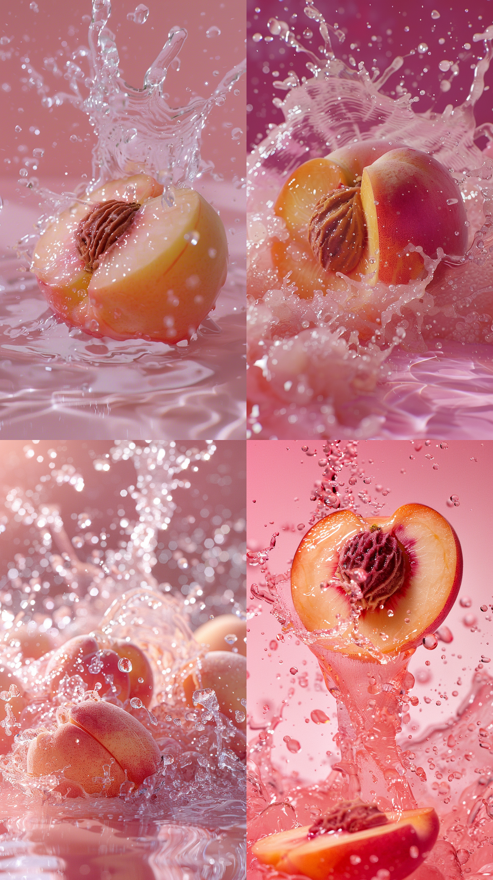 food shot, super wide angle,peach waterfall splash, liquid explosion, delicate peach,bright color background,surreal style,fresh fruit color, focus on peach, realistic, ultra fine detail, depth of field, high resolution, shot by canon