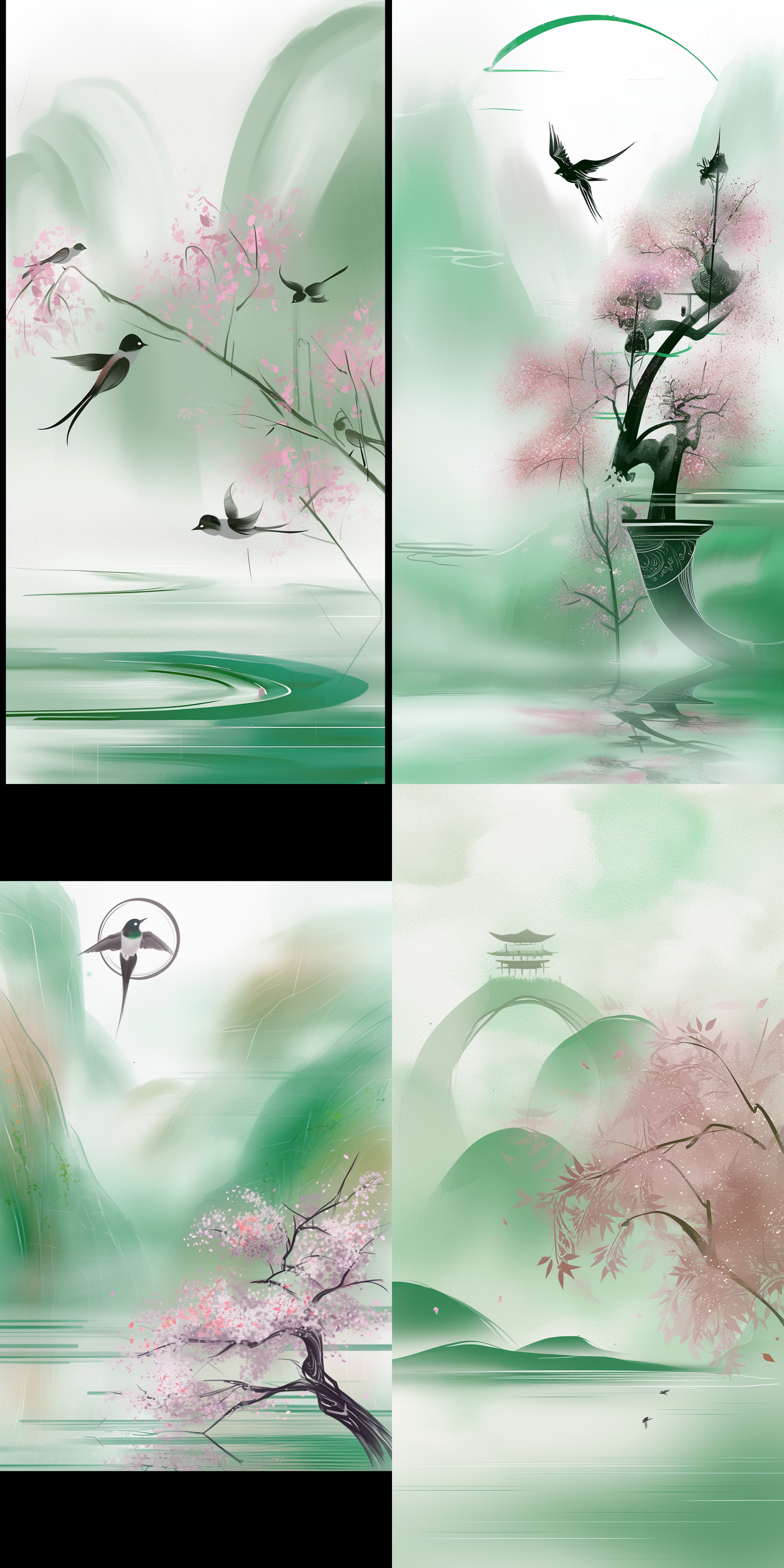 水墨风格，清明，燕子，柳枝