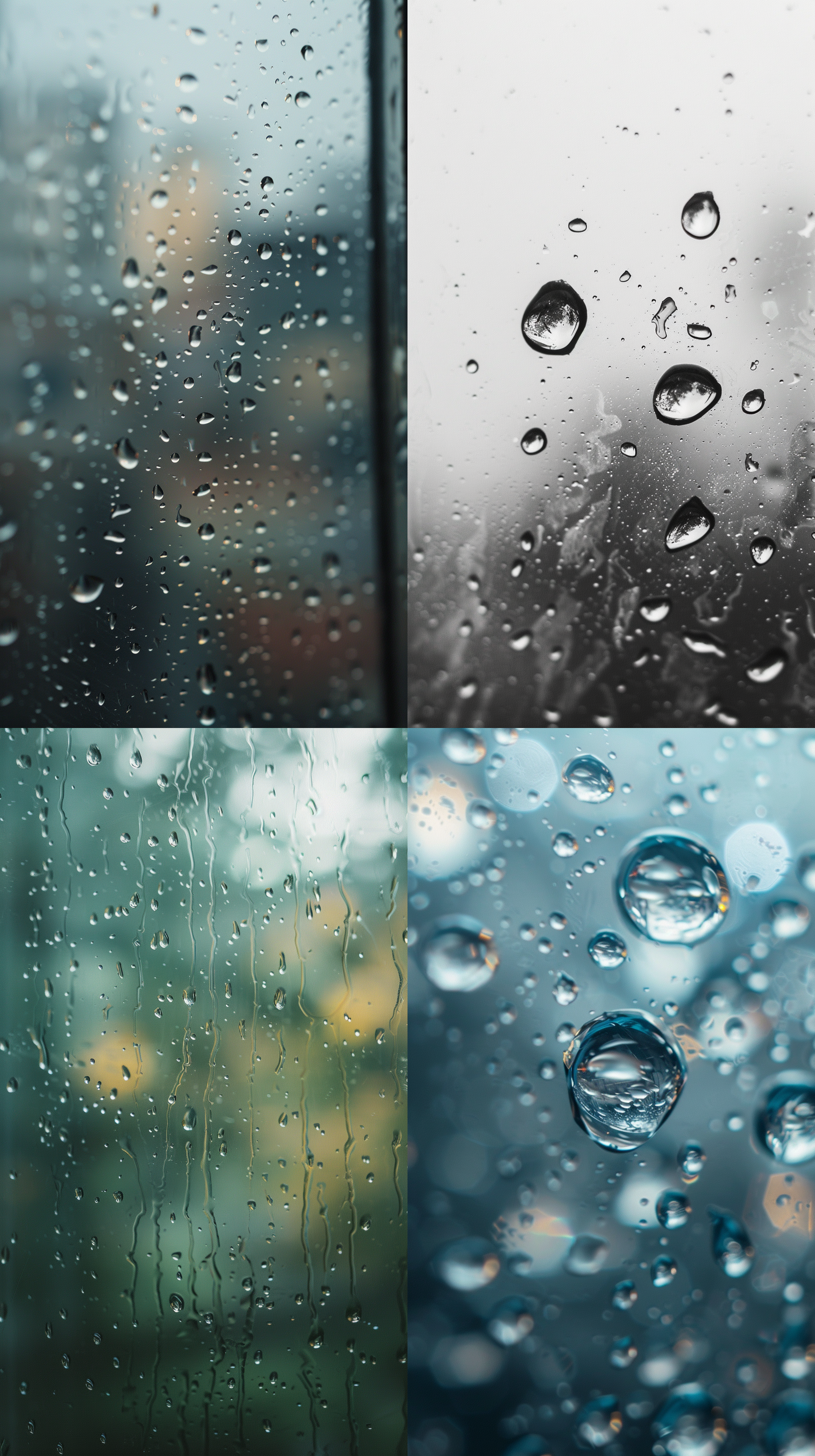 朦胧玻璃上几滴小水珠，水珠流动，细节清晰，超现实主义，35mm 镜头拍摄，远距离构图，