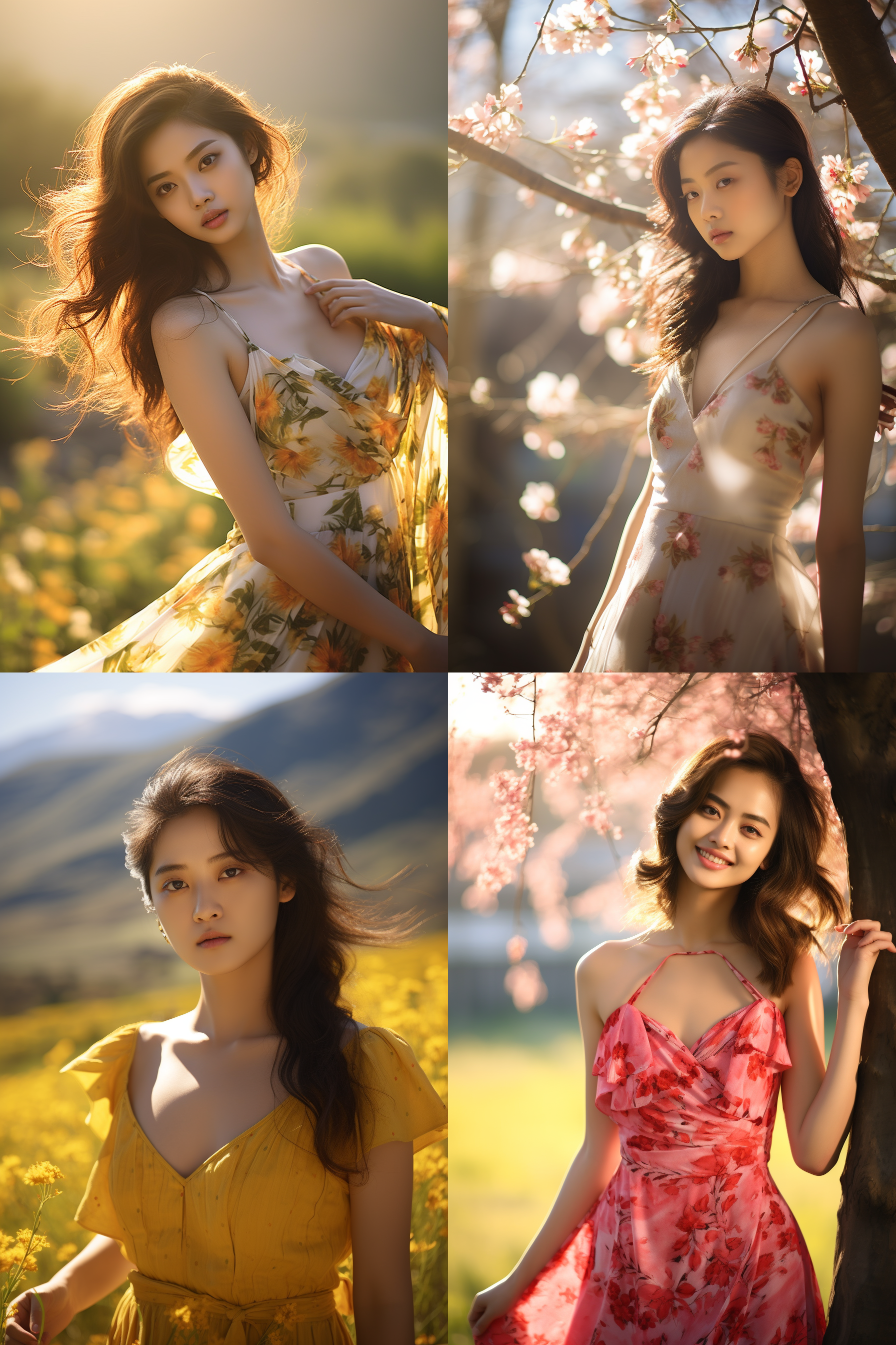 中国女孩，套裙服饰，春日摄影，明亮光线， 清新自然，户外风景，肖像模式，中焦镜头，自然姿态，