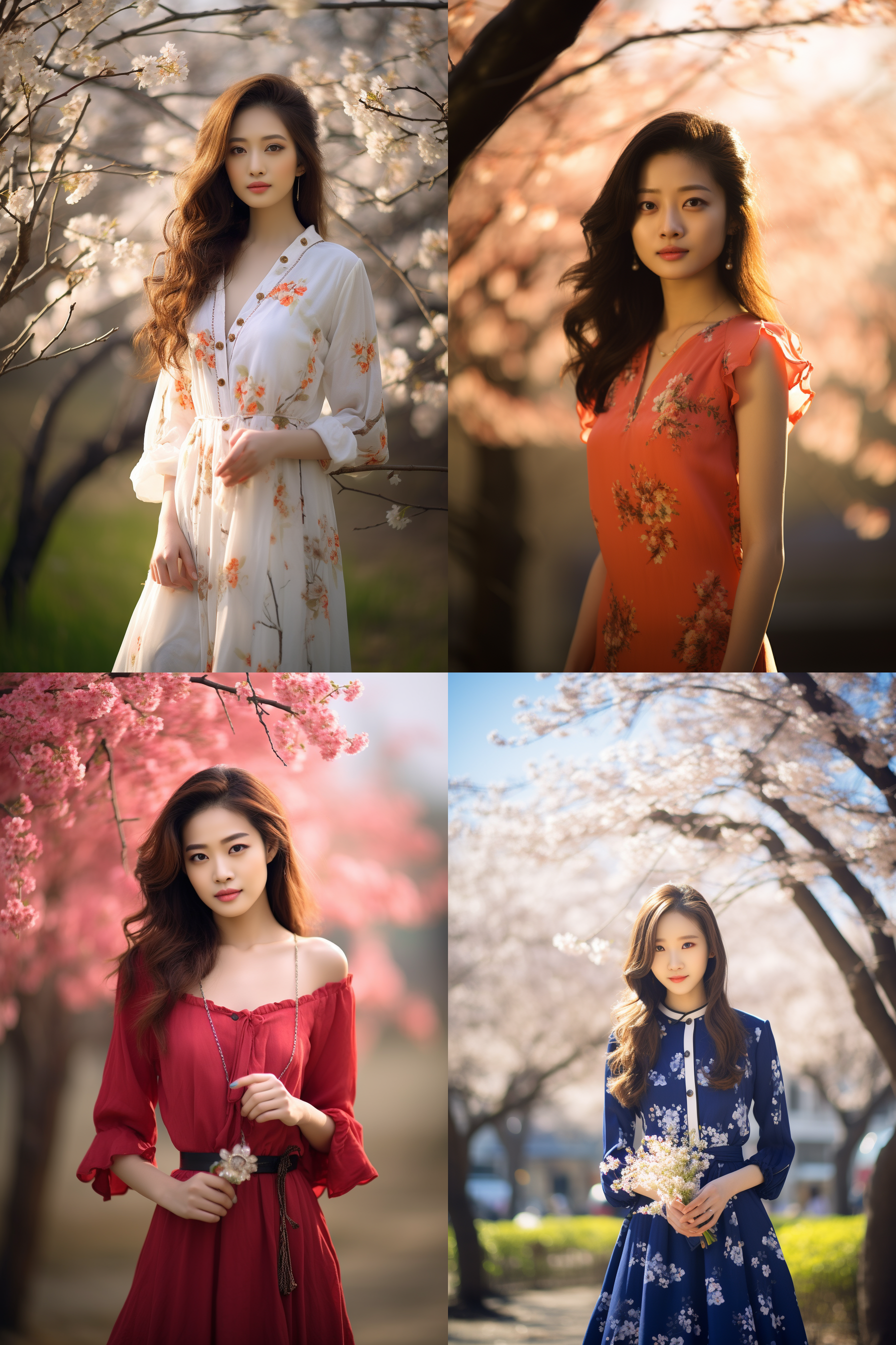 中国女孩，套裙服饰，春日摄影，明亮光线， 清新自然，户外风景，肖像模式，中焦镜头，自然姿态，