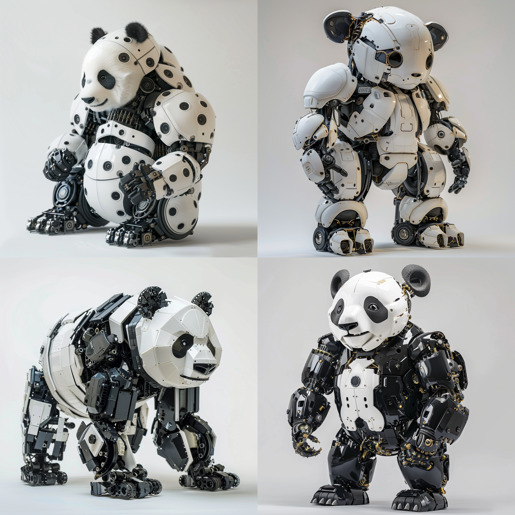 机械熊猫，透明材质，西部世界，方形关节玩具，科技感,概括，装置艺术,纯白色背景