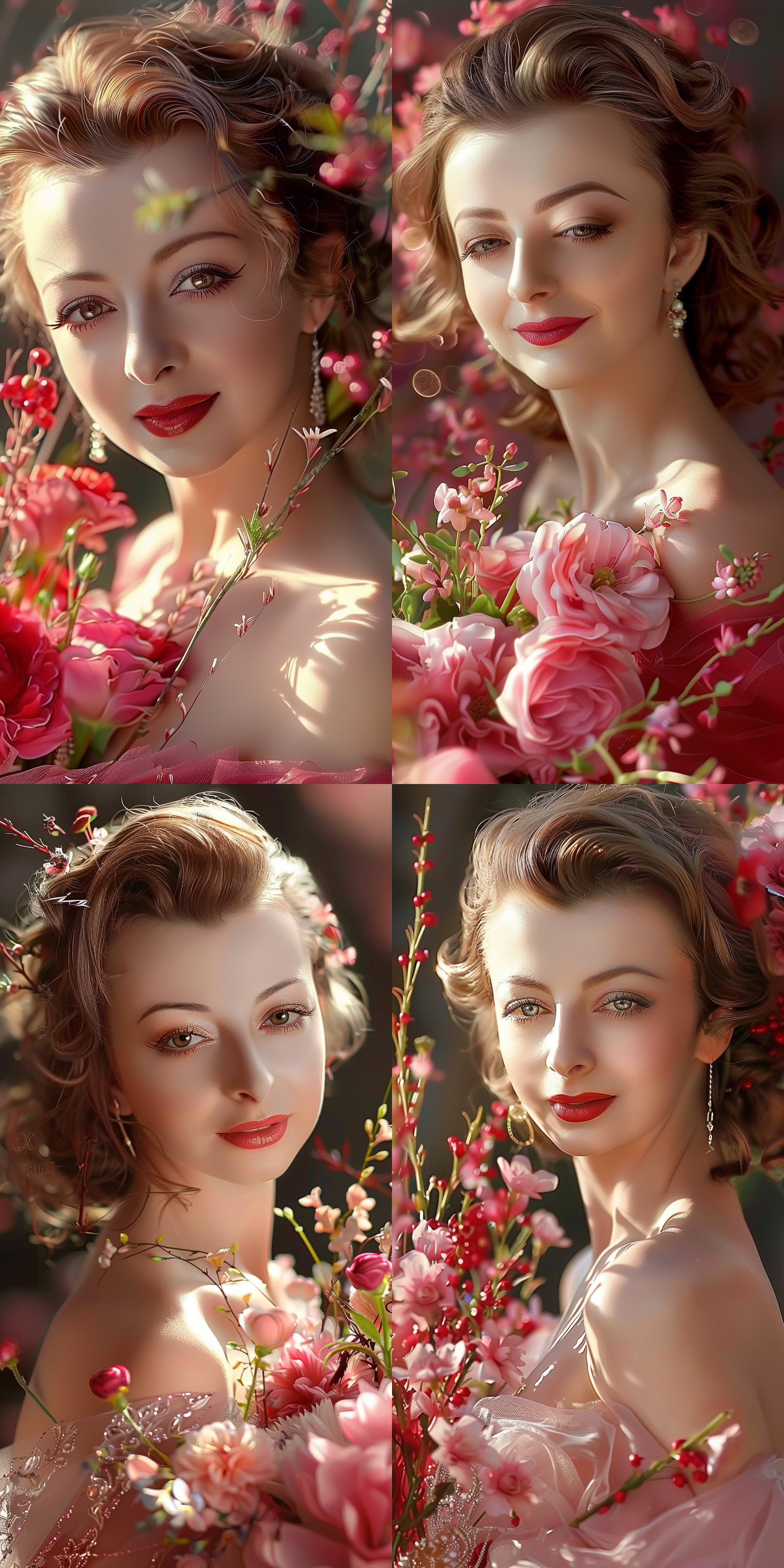 优雅女性，手持花束，微笑，半遮面，逆光拍摄，柔和色调，肖像镜头，微妆，感情丰富，温馨，梦幻。