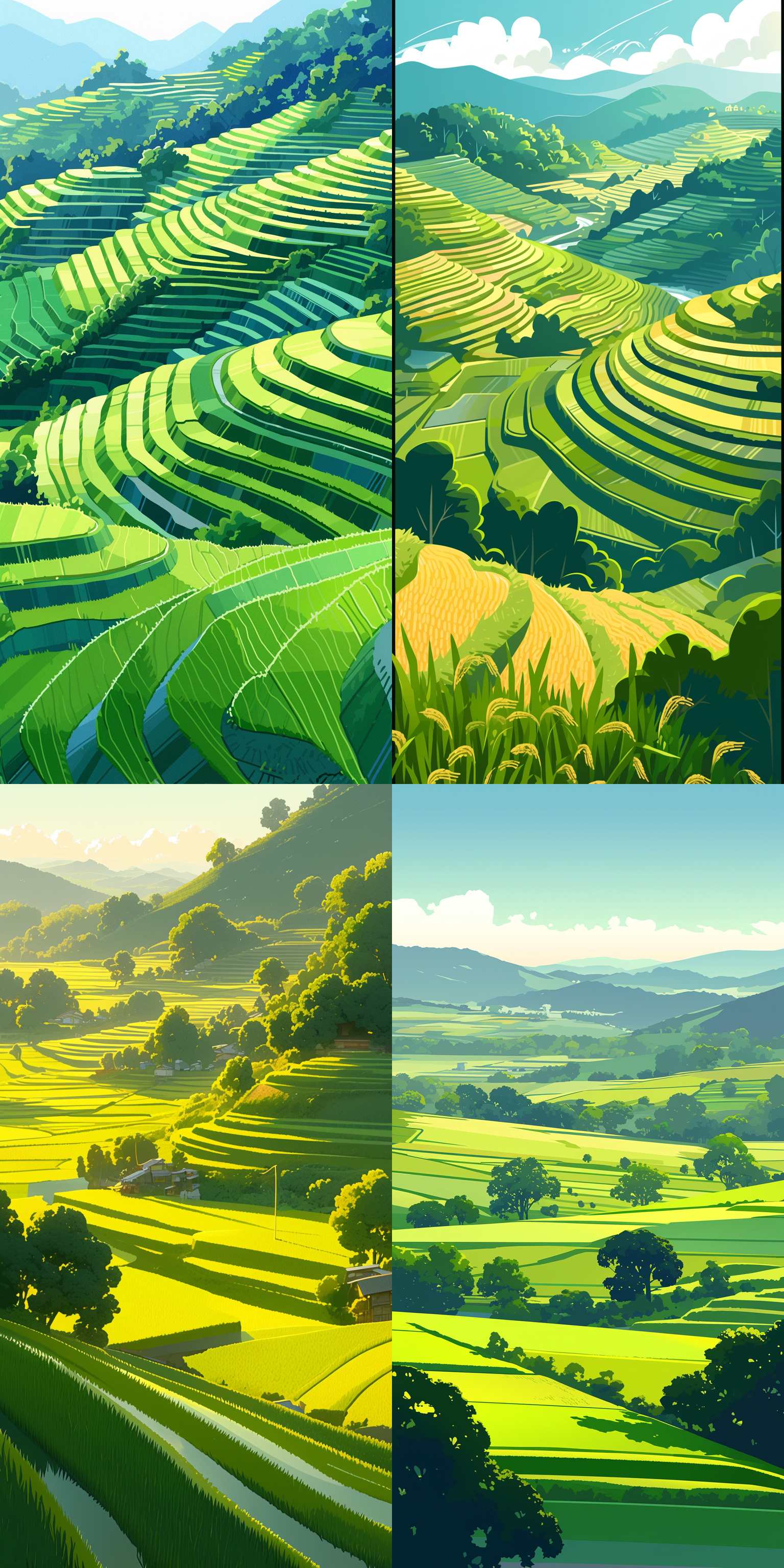 绿色，农耕，春天，水稻田，，明亮，高级灰，矢量插画风格，简约 动画艺术 二维插图 长焦拍摄