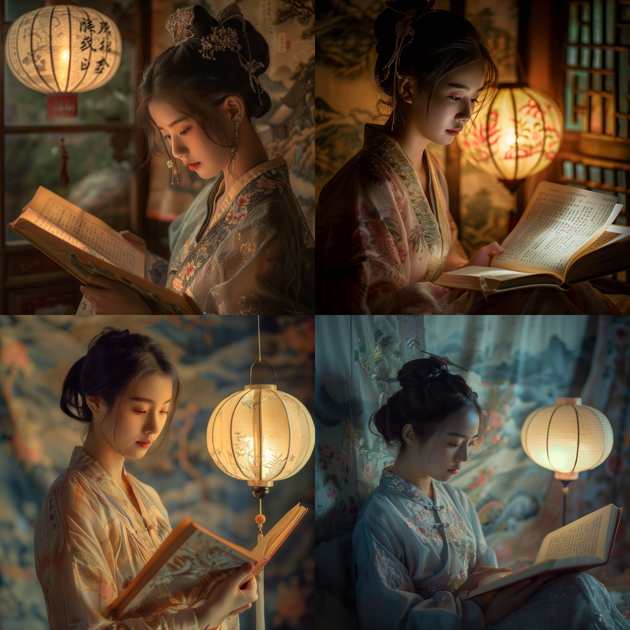 经典的中国女孩全神贯注地阅读一本古老的文本，她的脸庞被纸灯笼柔和的光芒所照亮。房间里装饰着描绘山水的丝绸挂毯，营造出宁静和谐的环境。女孩的表情反映出她对深奥文字的深刻理解，唤起内心的平静和文化的丰富。使用佳能eos 5d mark iv相机、50mm镜头拍摄，以逼真而亲密的风格捕捉到女孩的思考时刻。