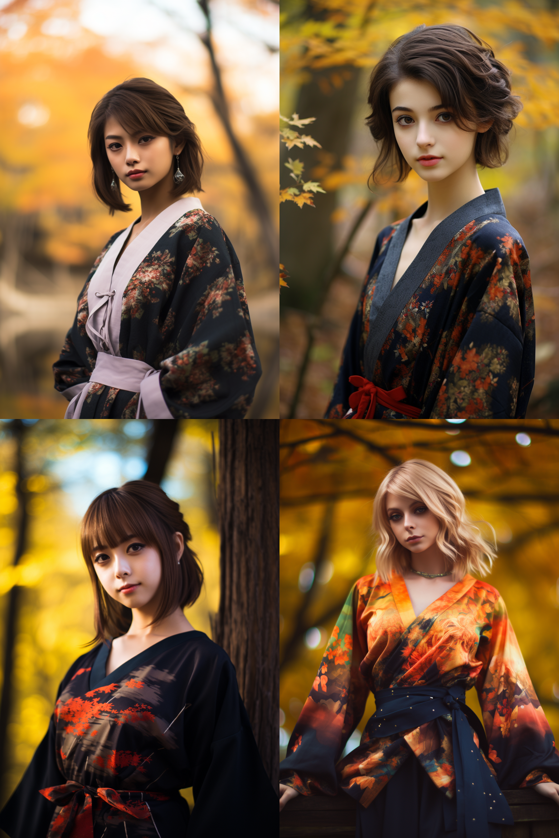 和服短发女孩，枫林背景，摄影图