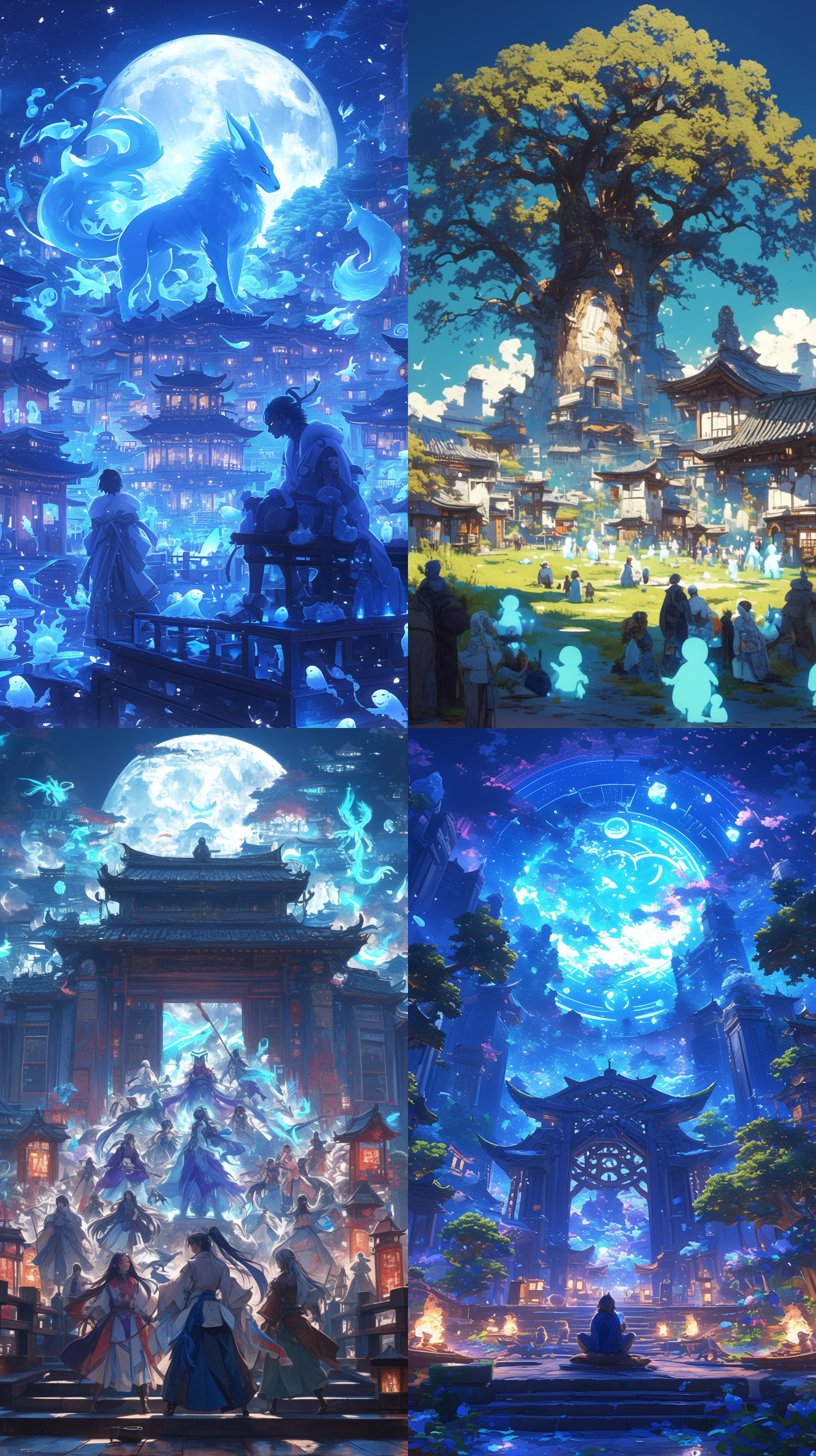 主题：幽游白书 一张幽游白书的特色照片，背景是一片神秘的古代城市，夜晚的明月照耀下，给整个场景增添了一丝神秘感。镜头聚焦在主角们身上，他们穿着华丽的古装，面带微笑，展现出自信和决心。照片中还有一只可爱的小精灵，它们围绕在主角周围，营造出一个充满魔法和奇幻的氛围。 组图，古代城市，明月，神秘感，主角，华丽的古装，微笑，自信，决心，小精灵，魔法，奇幻，幽游白书。