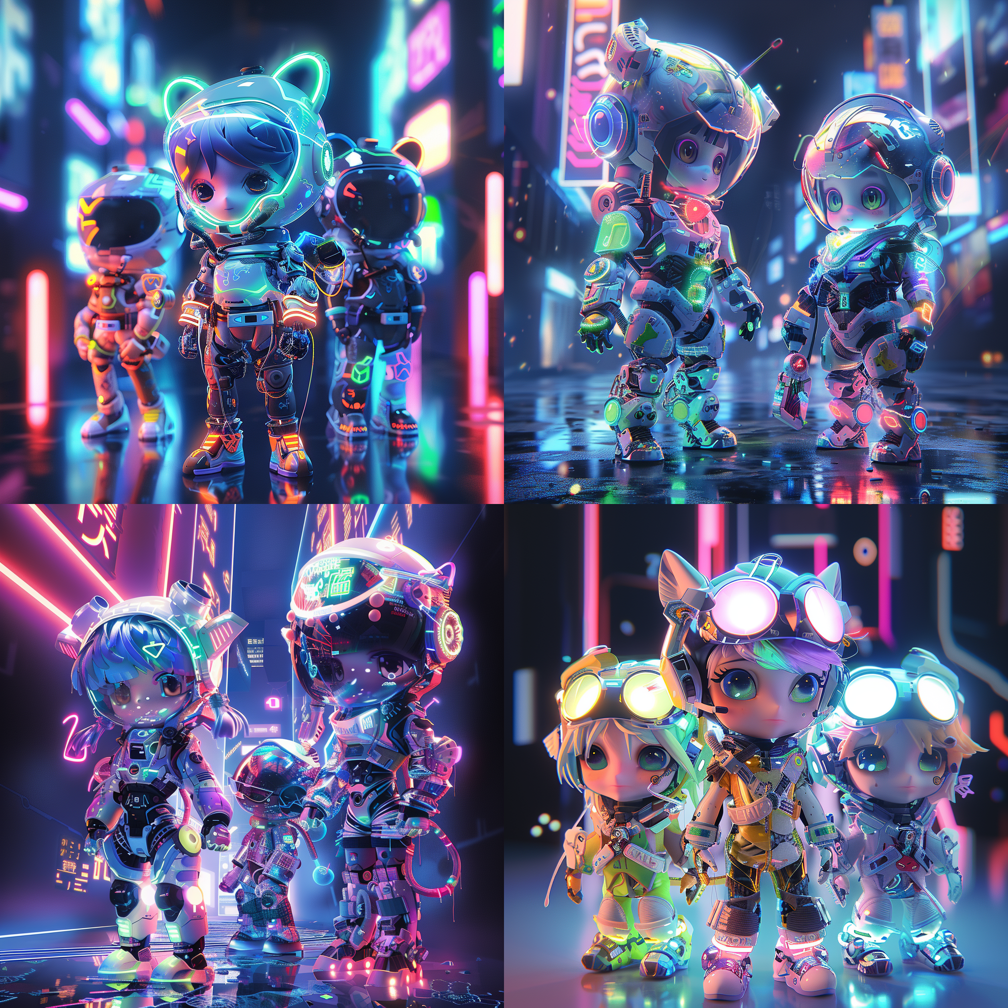 科技炫酷，五彩缤纷，可爱人物，未来城市，霓虹灯光，超广角镜头，全息投影，动态姿势，机器人助手，活力四射。