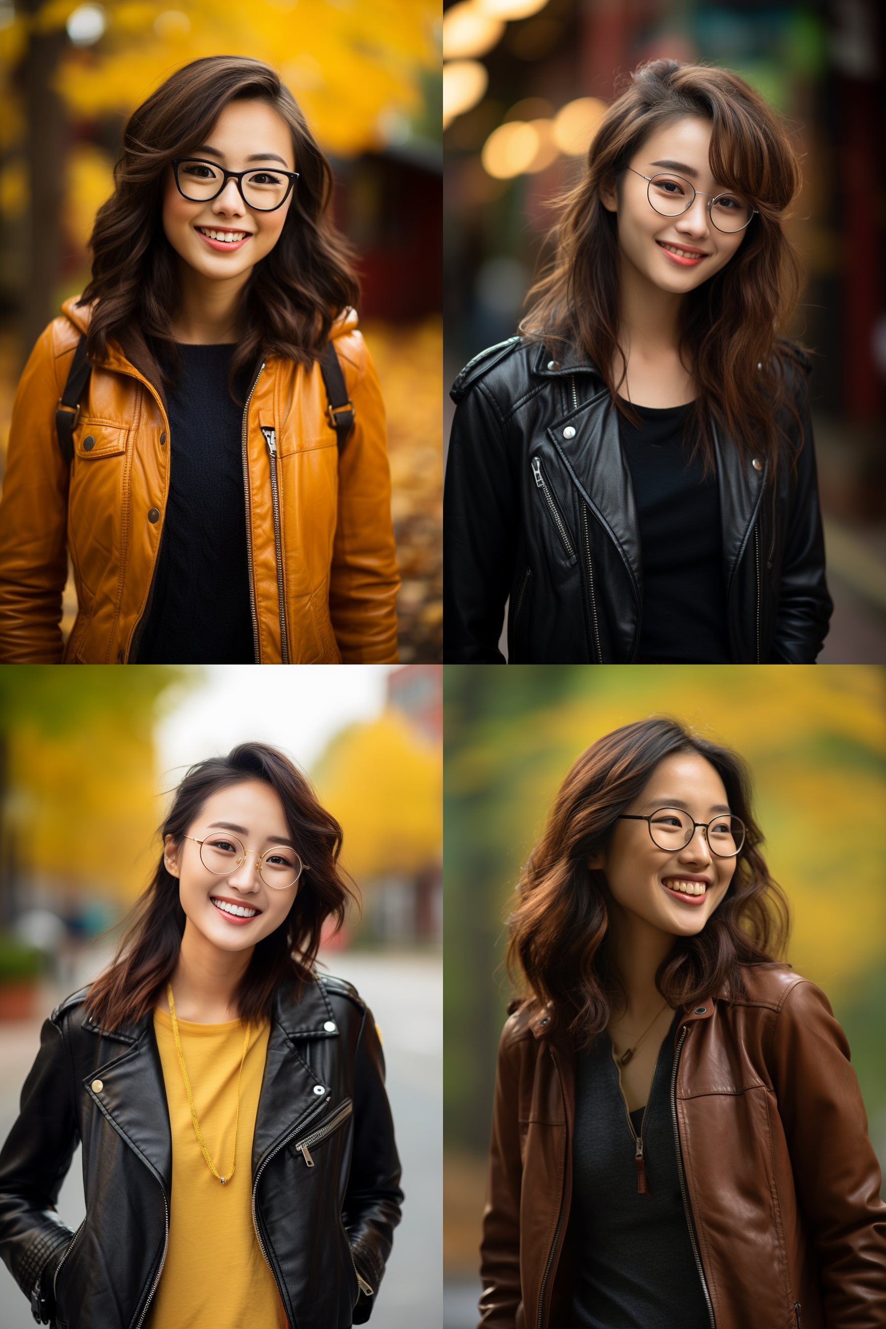 中国戴眼镜女孩，穿皮衣，明亮光线，摄影图 清新自然，户外风景，肖像模式，中焦镜头，微笑，自然姿态，色彩鲜艳，快门优先，放松自然