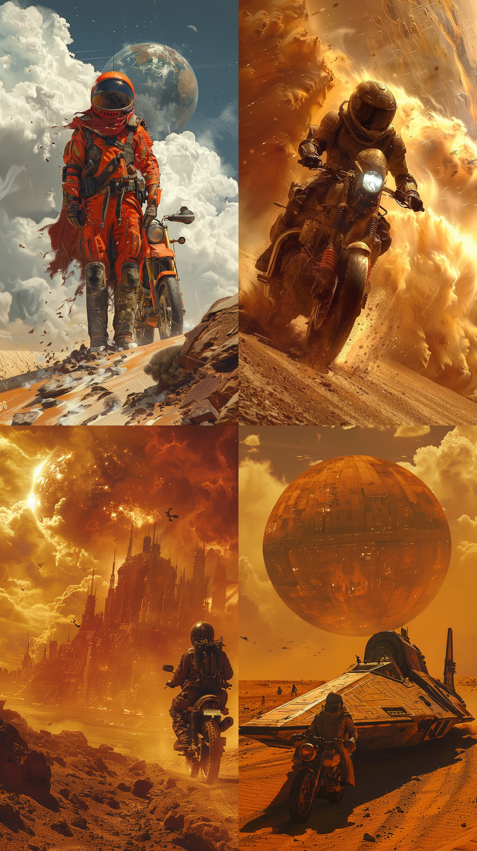 大师杰作，末日世界，穿越星际，孤单英雄，沙漠气候，星球战舰，飞船，摩托造型的飞行器，极端天气，by dan mcpharlin