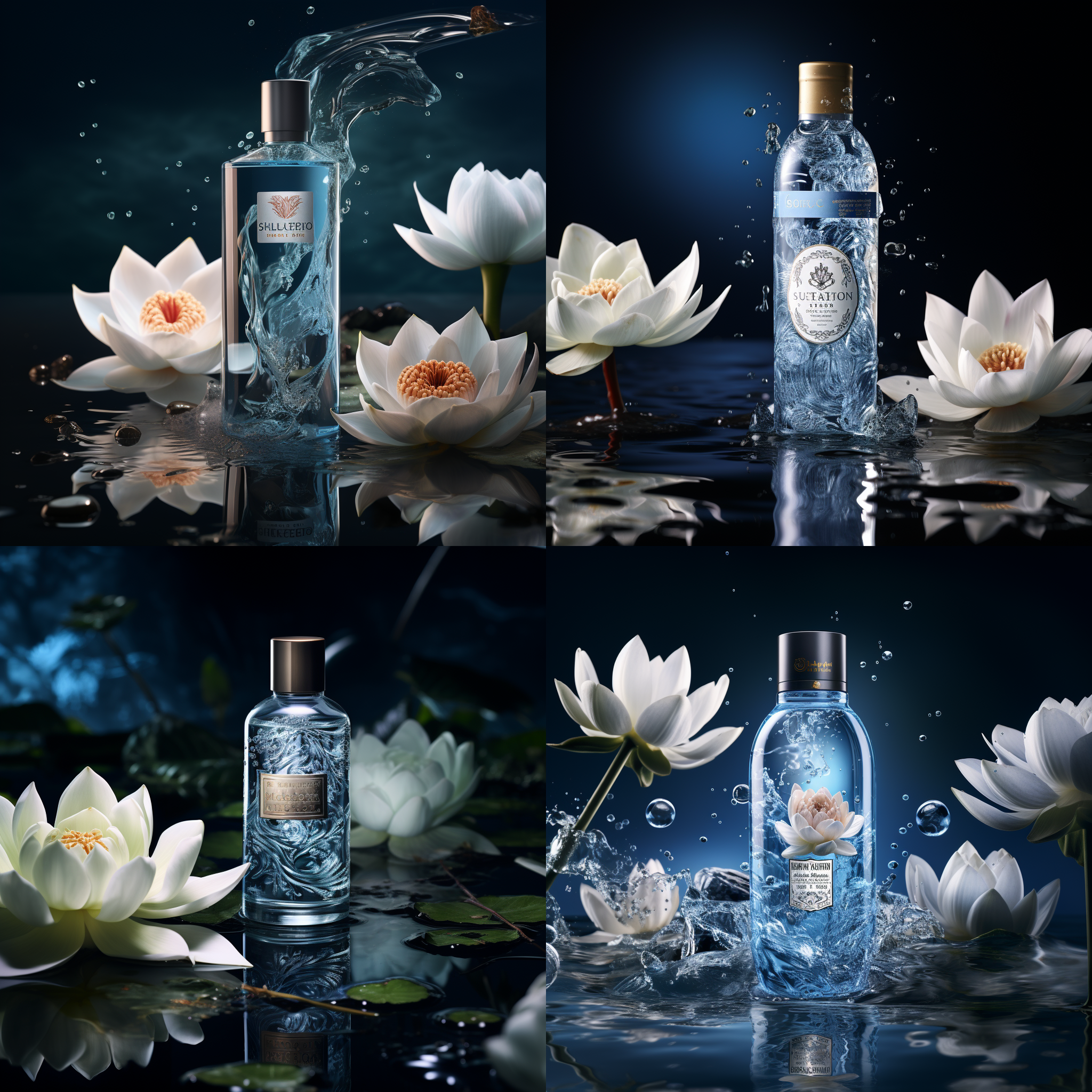 产品包装，静态摄影，拍摄产品位置居右，水面，水花，黑色背景，白色莲花，奇幻风格，细节设计，光影分明，冷色调，8k画质。