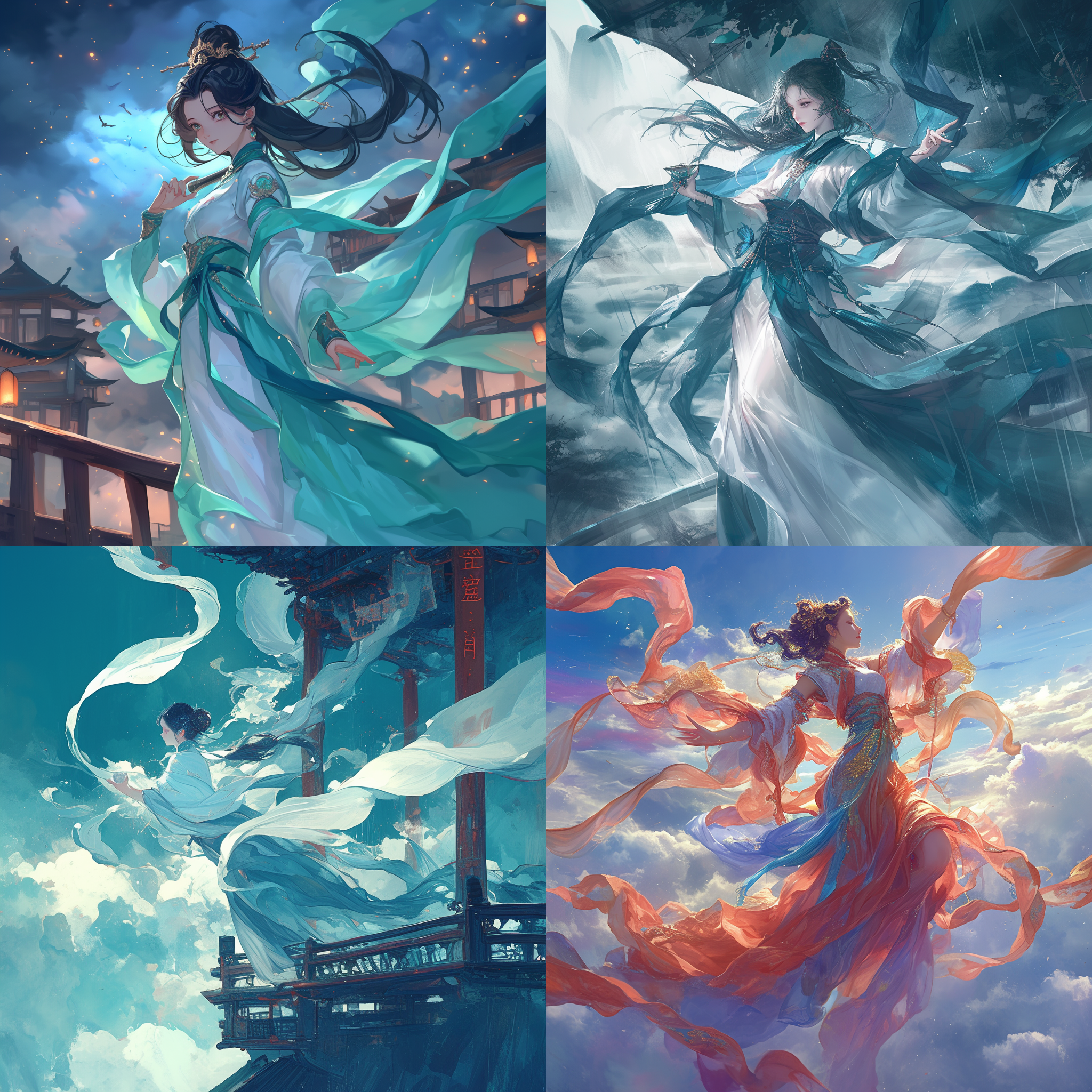 白练自舞，惊起浩渺云烟。离人不归，倩谁人来见？撒一江愁思，凌乱灯火阑珊。举樽成忆，细雨如针，织起光景往年。清风翠雨迷人眼，醉卧长亭影独欢。执笔非念，挥尽相思泪。怎得？梦回魂断鹊桥仙。不奈此情成追忆，信手丹青妙雨间。欲语焉？泪欲坠，梦中此缠绵。, 中国风, expressive
