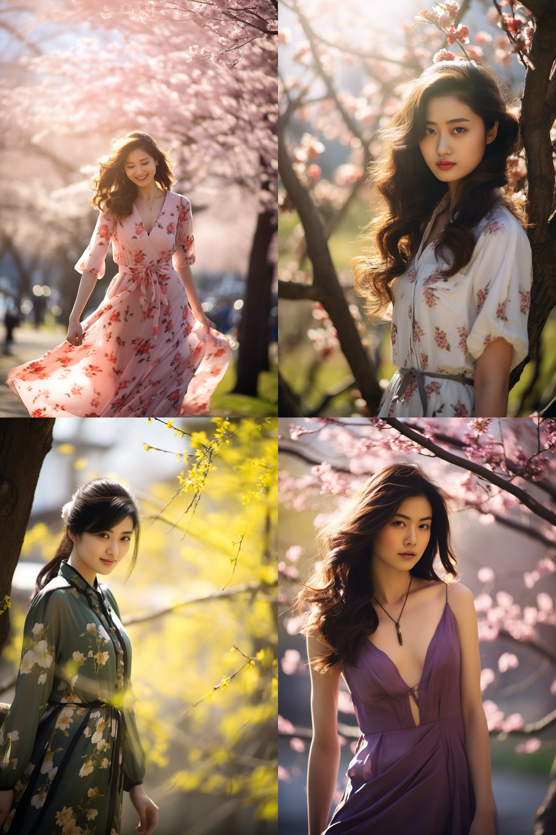 中国女孩，套裙服饰，春日摄影，明亮光线， 清新自然，户外风景，肖像模式，中焦镜头，自然姿态，