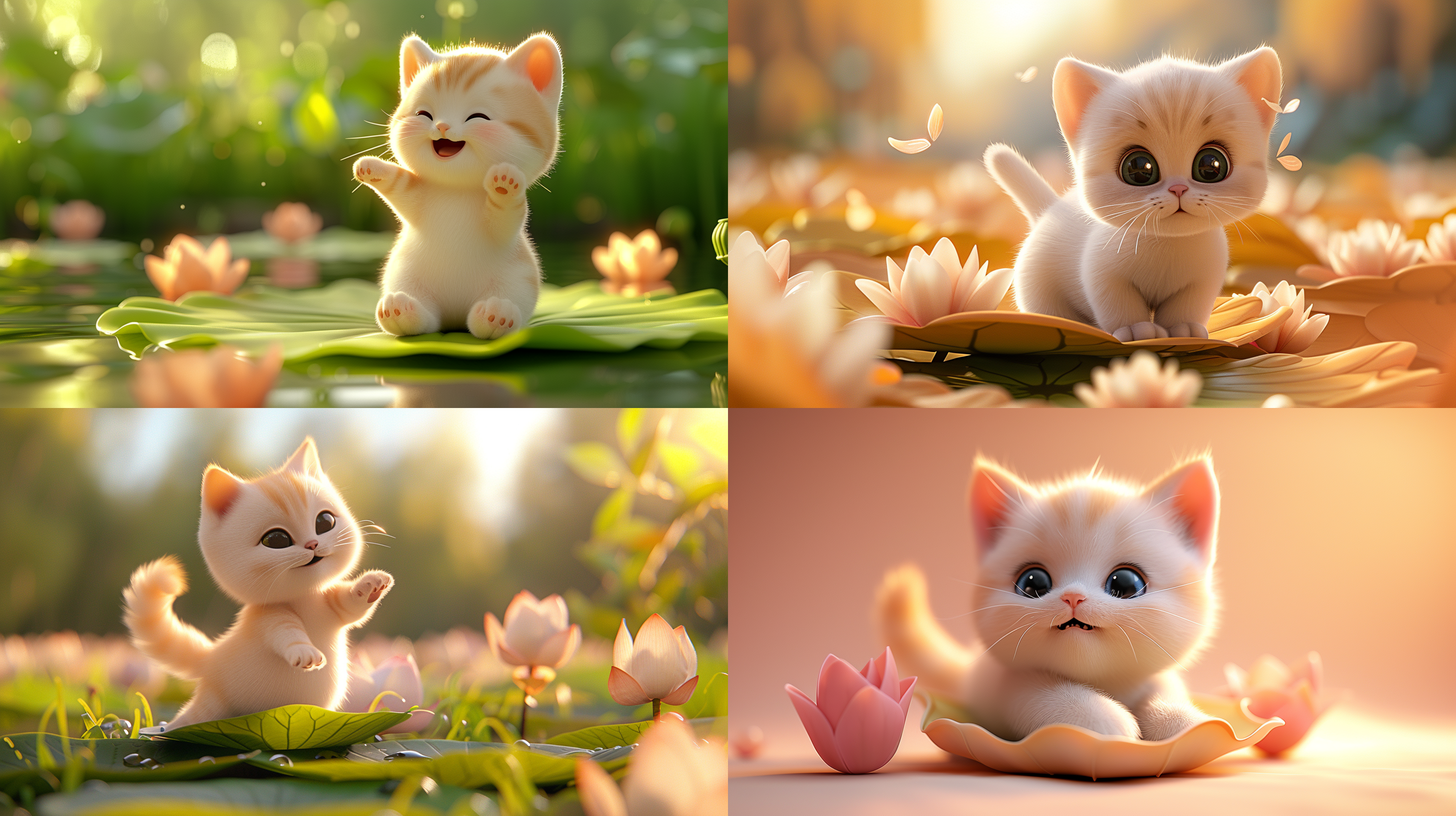 白色小猫在巨大的荷花叶子上跳舞，开心快乐，居中构图，纯色背景，细节突出，静态，柔和光线，可爱，温暖，放松，清新。