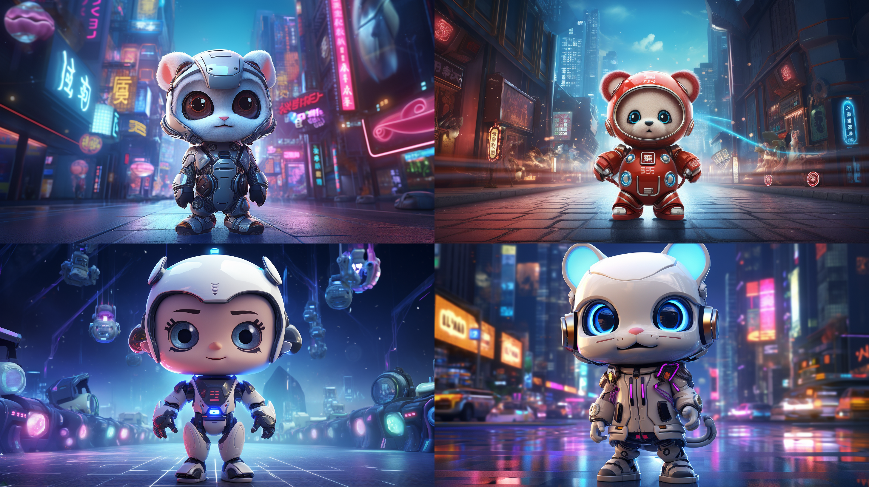可爱的中国十二生肖卡通形象，科技炫酷，五彩缤纷，可爱人物，未来城市，霓虹灯光，超广角镜头，全投影，动态姿势，机器人助手，活力四射。