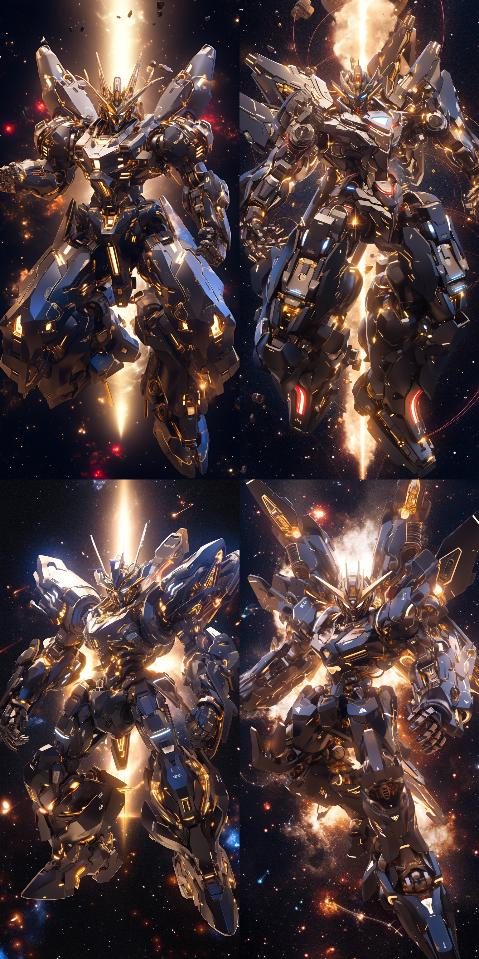 24k超清，创世纪机甲，腾空姿态，备战动作，银河星空背景，稀有金属光泽，虚幻引擎，全身镜头，机甲细节处理完美，高清画质， 创风格 赛博朋克 未来主义 宇宙 星云 星空夜景 月球空间 全身 侧身 长焦拍摄 七分身 白黄 枫叶红 红 浅绿 粉彩色 象牙白 金属漆 铂金 金属质感 高调照明 氛围感照明 明亮的 光粒子