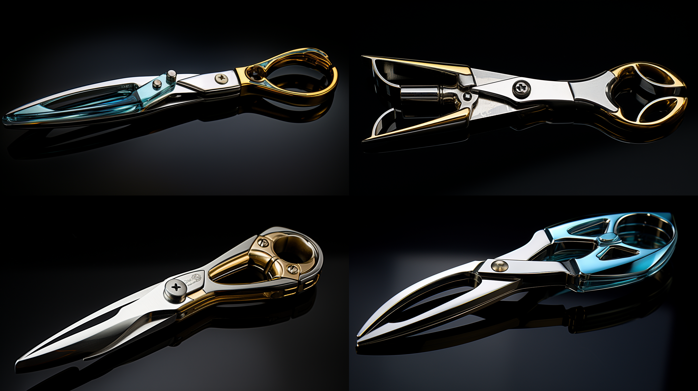 手持剪刀，局部特写，金属光泽，锋利，黑色背景，冷色调，微距镜头，正面光，静态，简约。