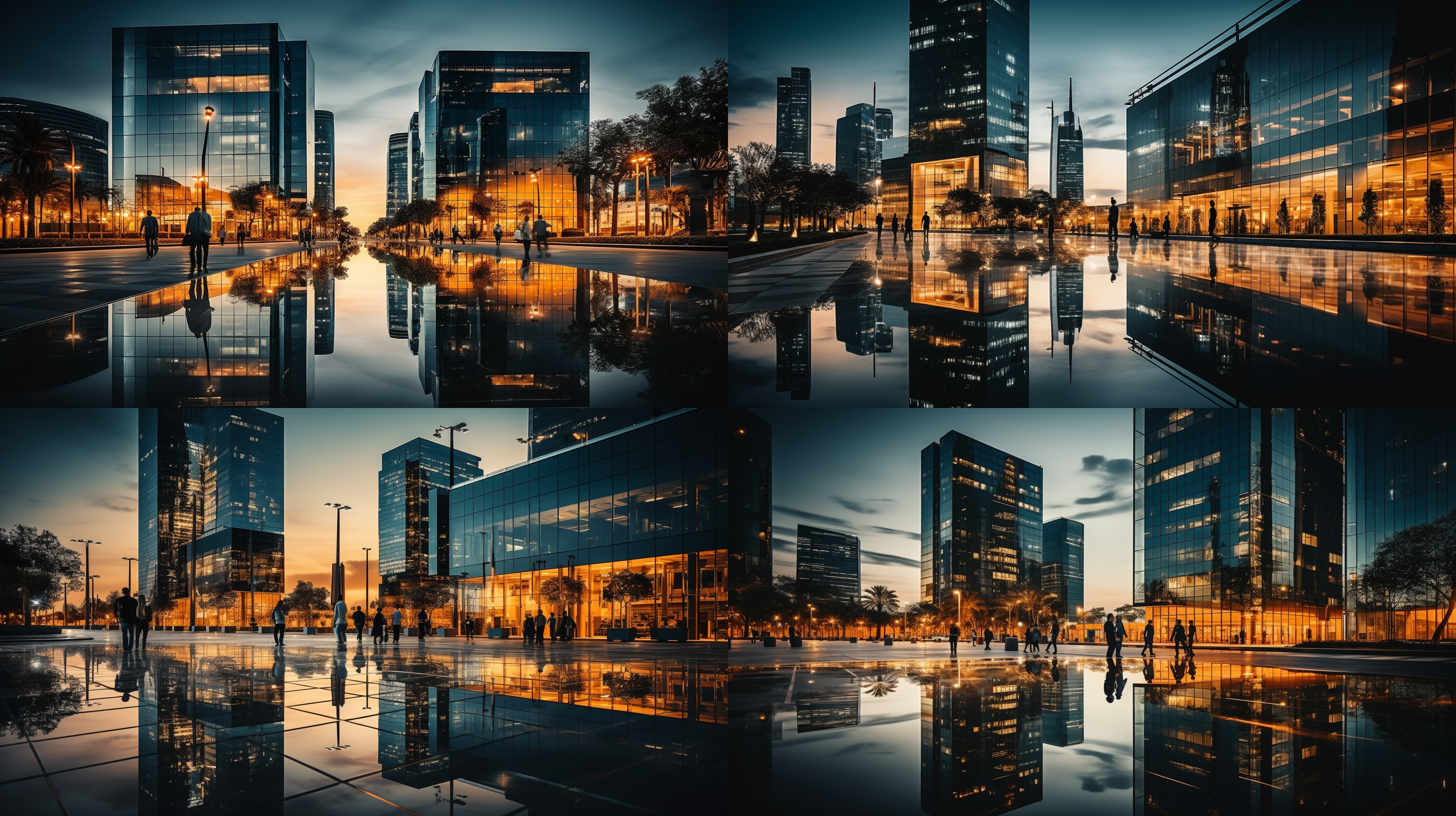 高端园区建筑群，上下对称构图，下半部分实景图，上半部分实景图的空间透视，冷调，高级感，留白，广角镜头，现代风格，玻璃幕墙，夜景灯光，反射，霓虹灯，繁华。