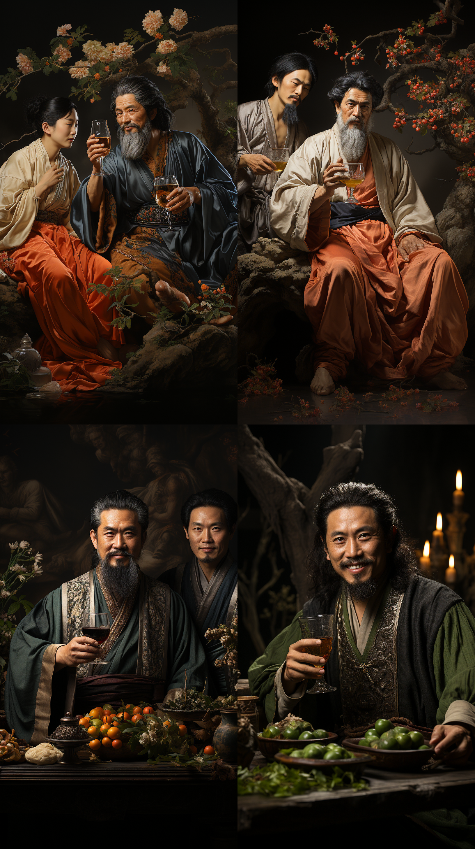 刘备、关羽和张飞在桃园结义，三人手持酒杯，面带坚毅表情。画面以三人为中心，背景是桃树和绿草，呈现出古代英雄气概。细节丰富，色彩鲜明，使用广角镜头拍摄，充满力量感。戏剧化的侧光投射在三人身上，增加了神秘感。英雄，团结，决心，友谊，勇敢，传统，光明，历史。