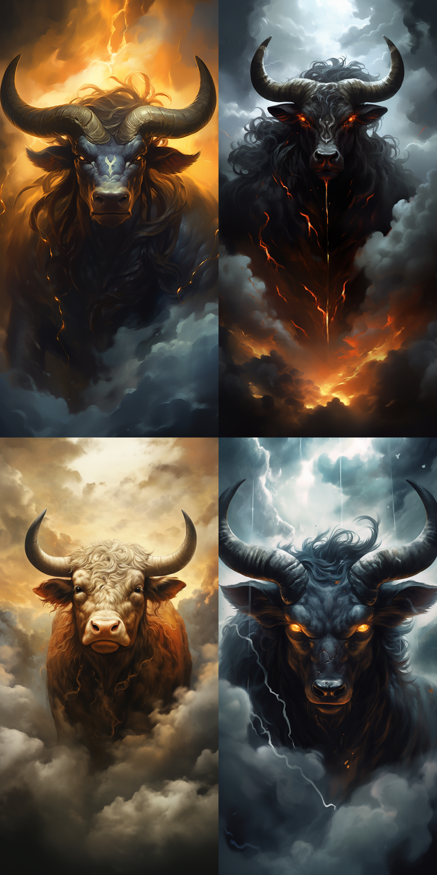 中国古代神话，牛头在雷电交加的天空中咆哮，庄严肃穆，独眼凝视，浓重云层，巨大角度，暗色调，宽幅镜头，闪电光影，威严气息。
