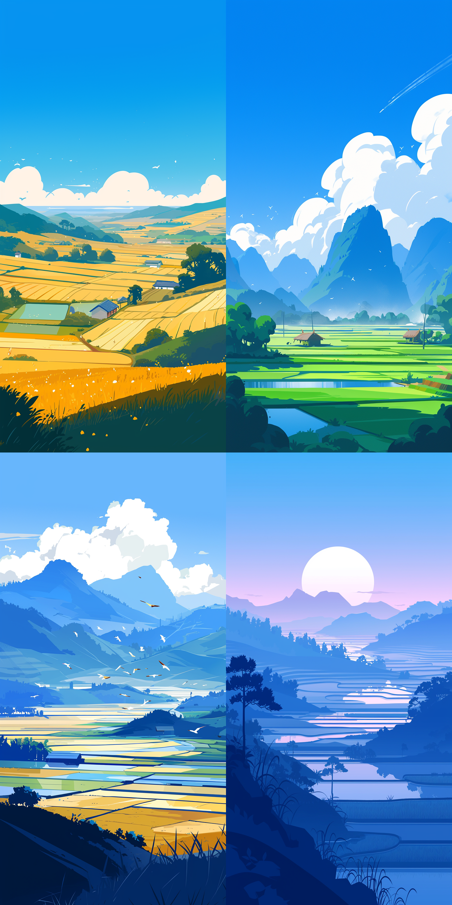 地点在中国广西桂林，草地，稻田，远处朦胧的山，矢量插画，简约，明亮，高饱和度 正视 极简主义 超扁平