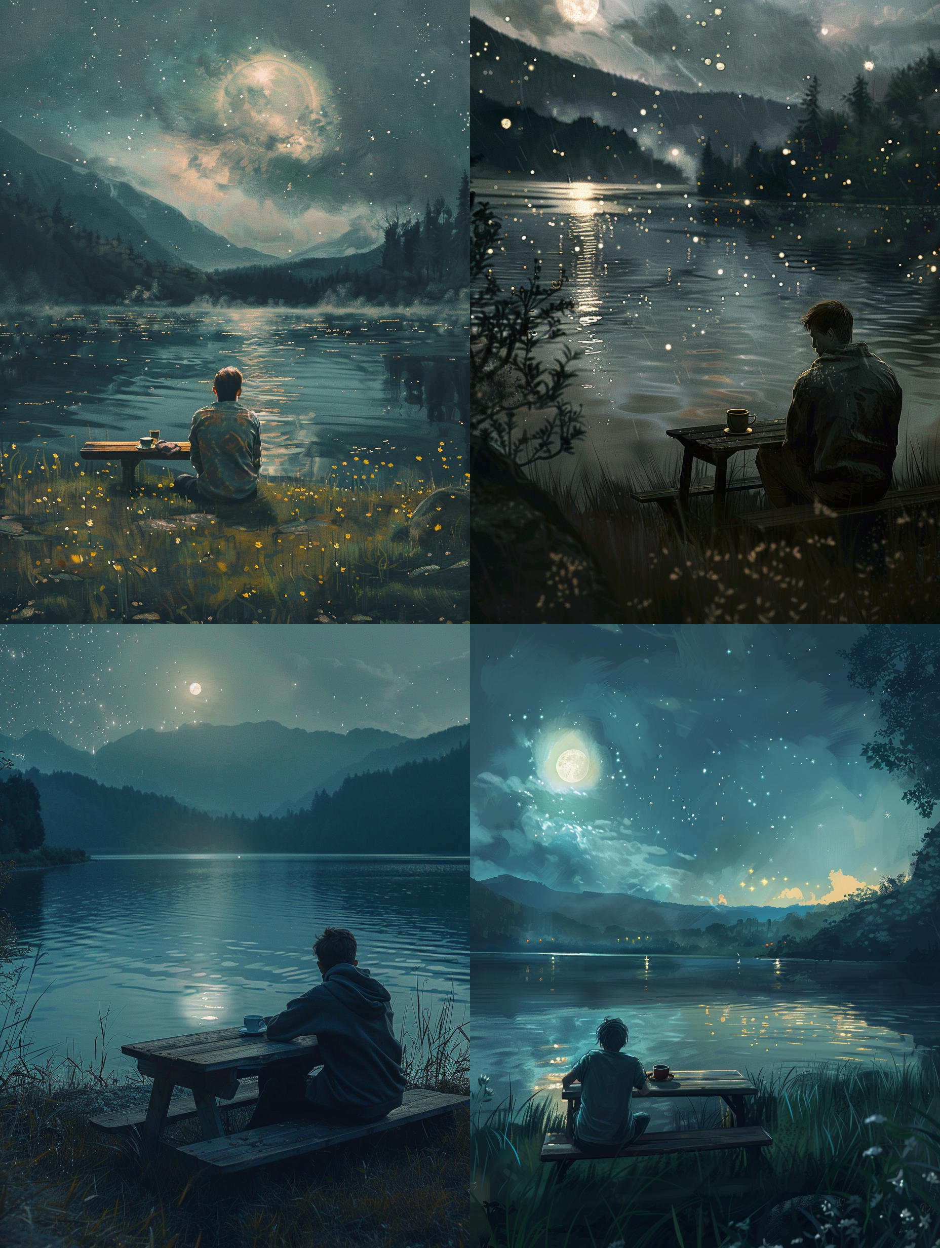 夜景，月光，大片湖泊，波光粼粼，湖畔草地，一张木桌，一个茶杯，一个男人望着湖面 月光照耀下的夜景，湖泊倒映着波光粼粼的景色。男人坐在湖畔的草地上，木桌上放着一个茶杯。他专注地凝视着湖面，脸上流露出宁静与思索。夜色中的温暖色调和细腻光影，传递出平静与内心的宁静。