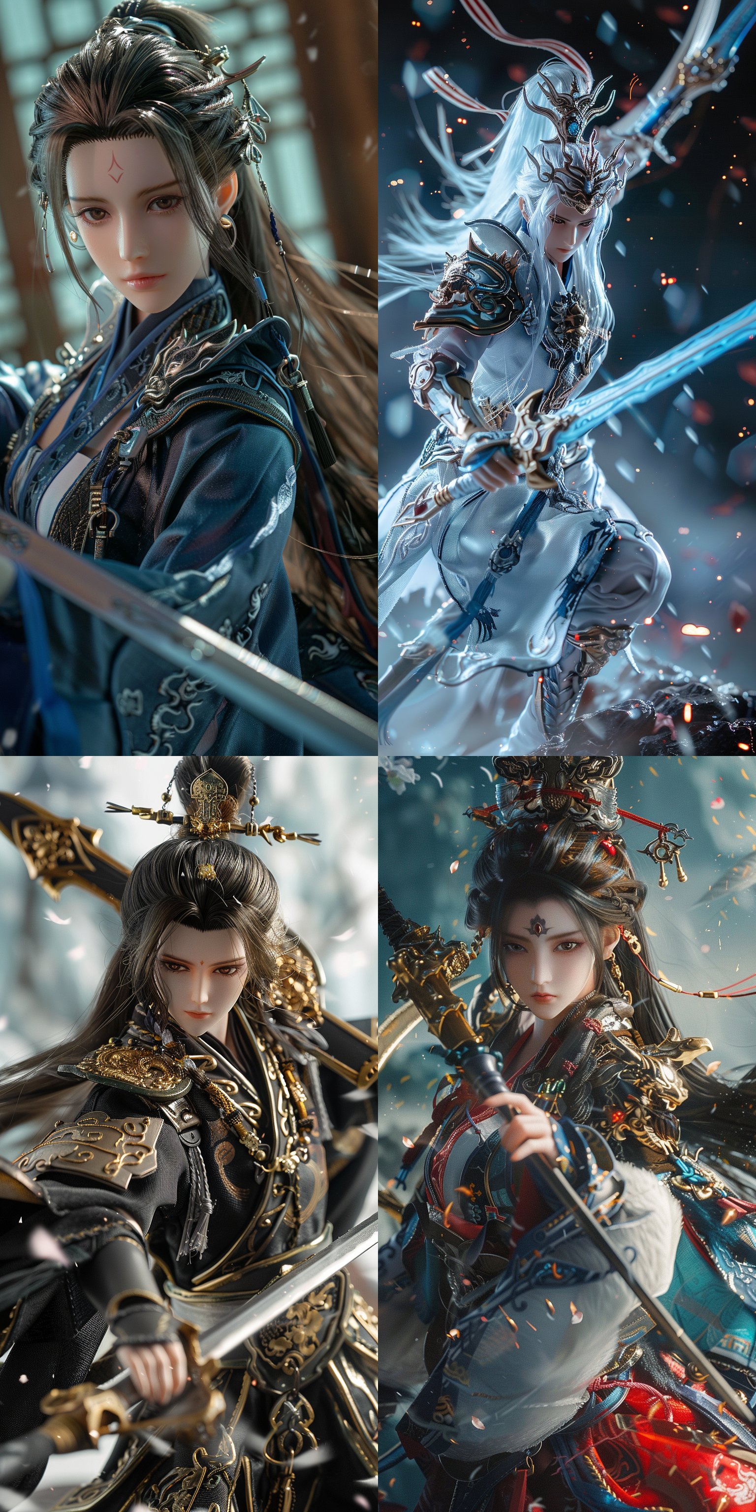 霹雳布袋人偶，全身，丰富细节，超清，8k，仙侠风格，战斗场景，特写镜头，动态姿势，刀剑对决，高光。