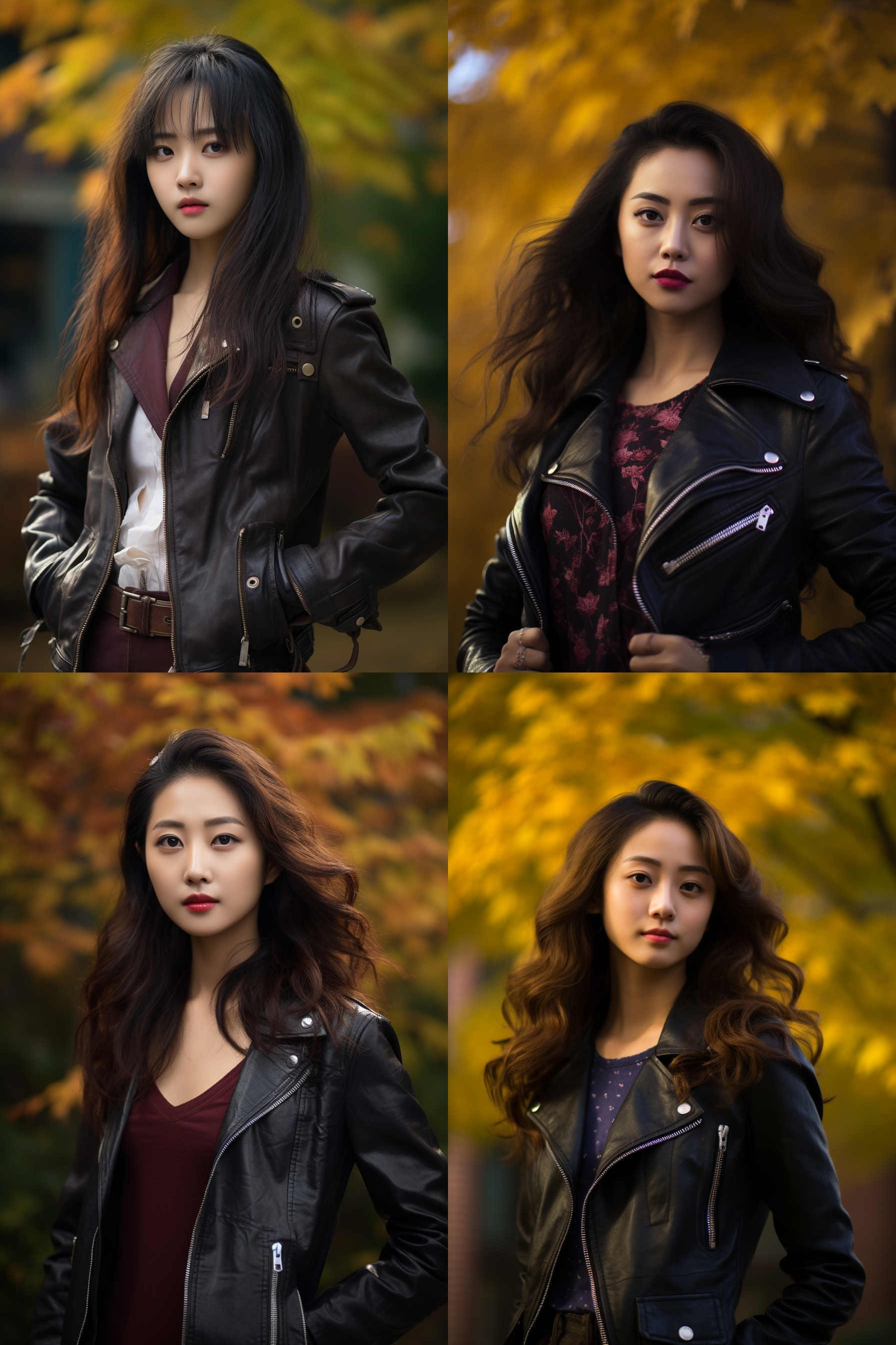 中国女孩人像，穿皮衣，秋季户外，明亮环境，超高清摄影图