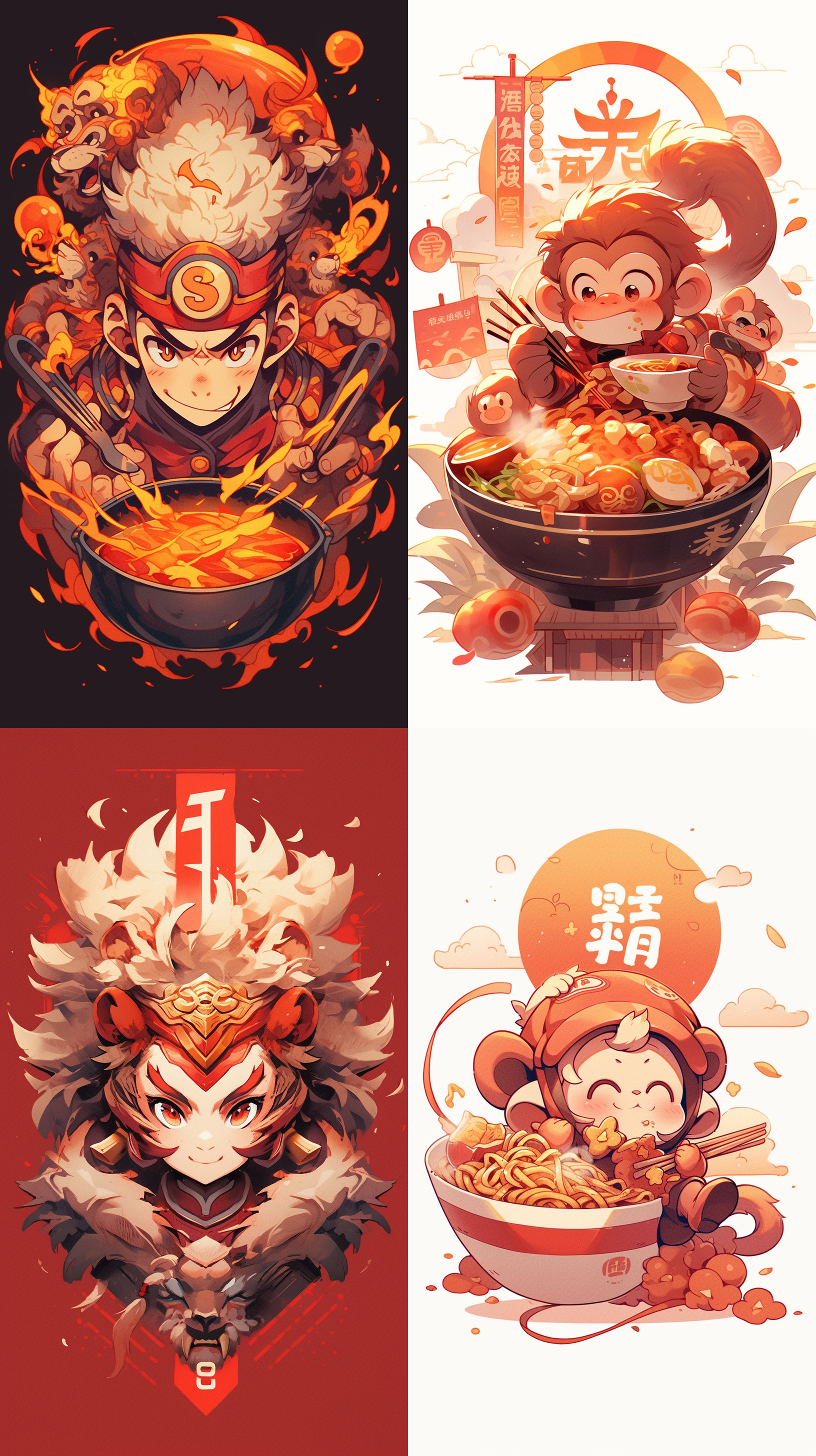 wukong fried rice 2 characters logo, line diagram, simple