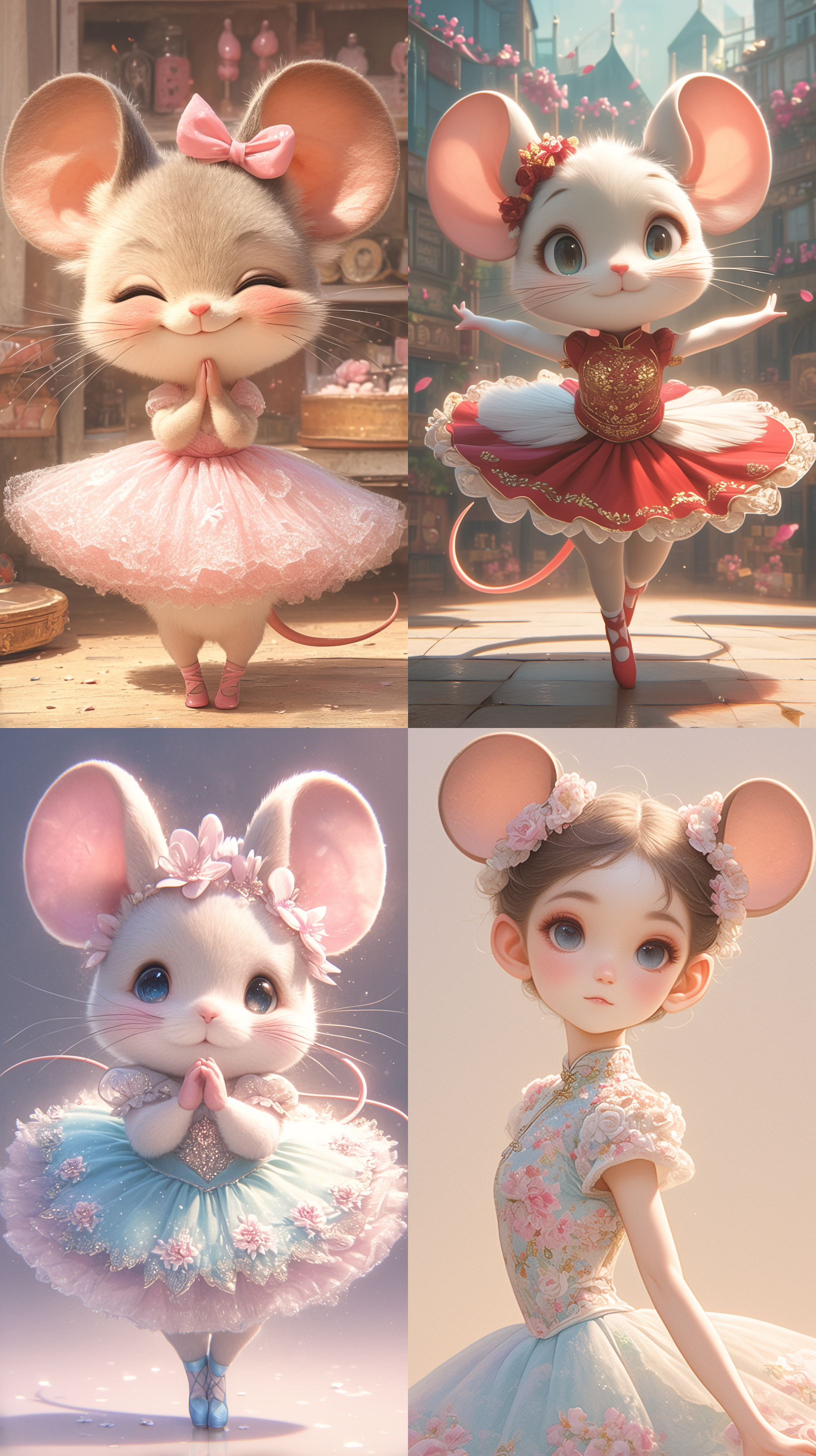 a cute anthropomorphic baby mouse dressed as a ballerina, dressed in elegant chinese ballet skirt, dancing ballet, sweet smile extremely detailed 3d animation rendering symmetrical central position, super realistic, super detailed, luxurious, 3, cinematic lighting, super clear details,8k,