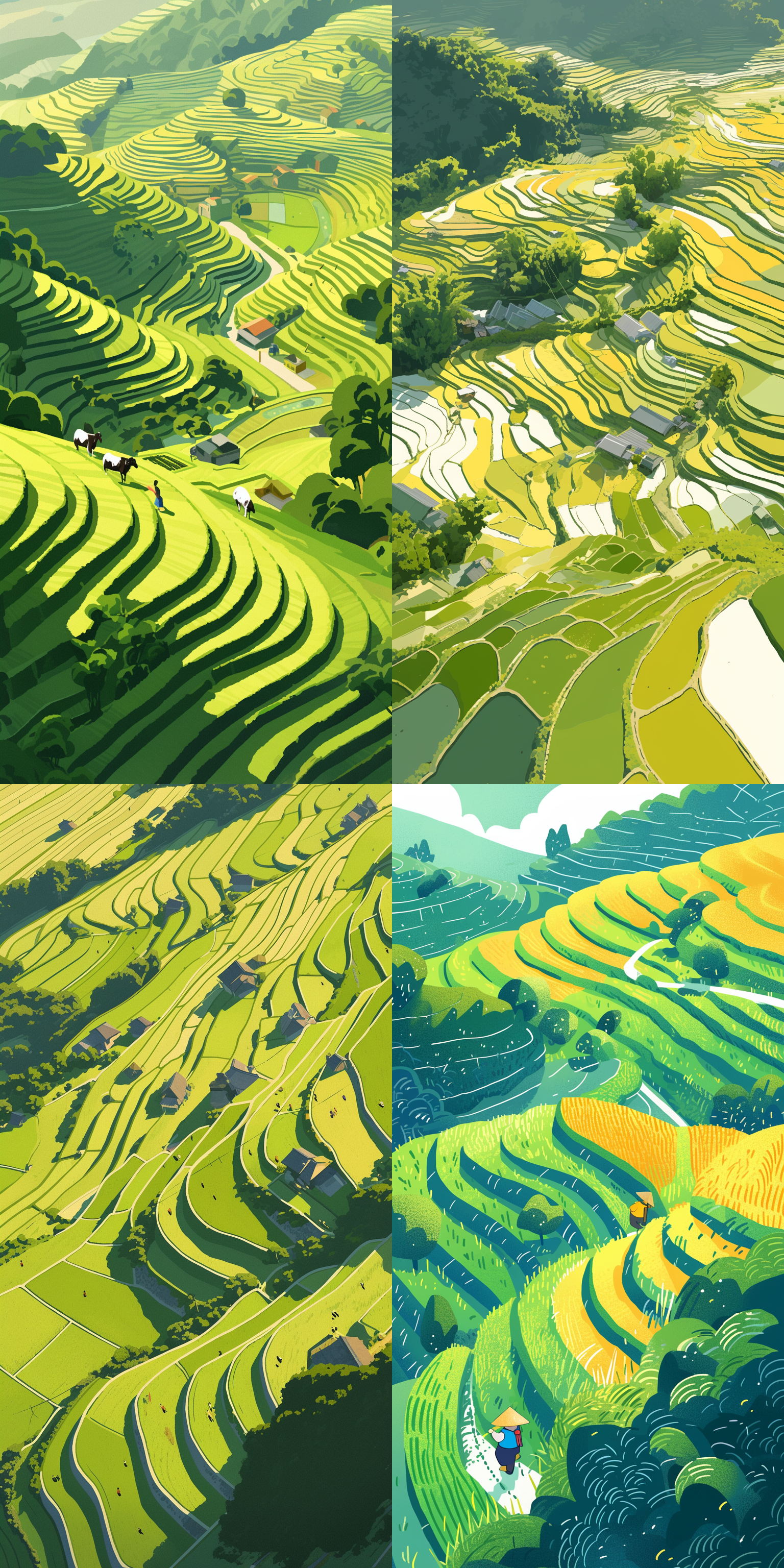 绿色，农耕，春天，农民，梯田，明亮，高级灰，矢量插画风格，简约 动画艺术 二维插图 俯视