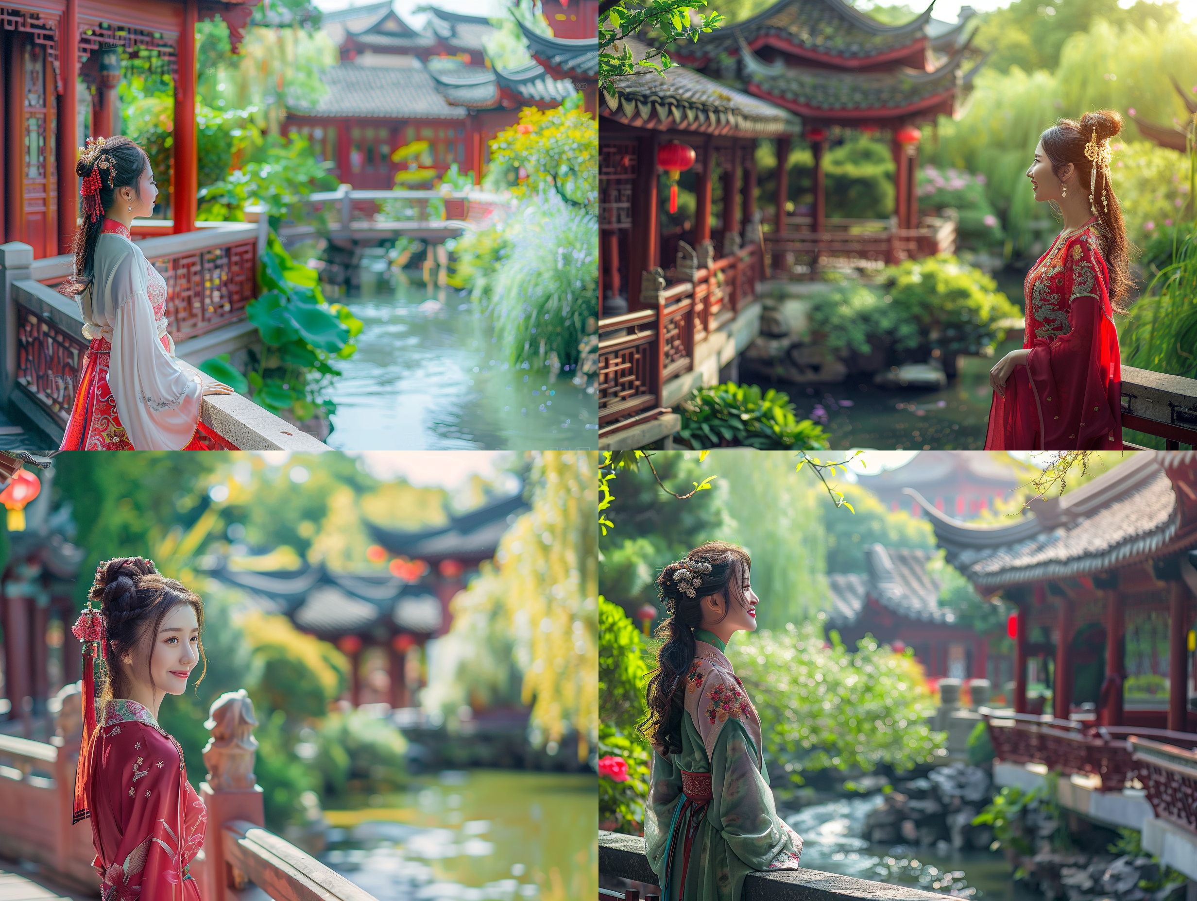 传统园林，小桥流水，红墙绿瓦。穿着中国传统服饰的女子站在小桥上，古色古香的建筑，琉璃瓦覆盖的屋顶，茂密的绿树和花草，微笑着欣赏美景。中国园林建筑，传统服饰，微笑，古色古香，清澈的流水，自然光线，风景。浅景深，fhd 8k