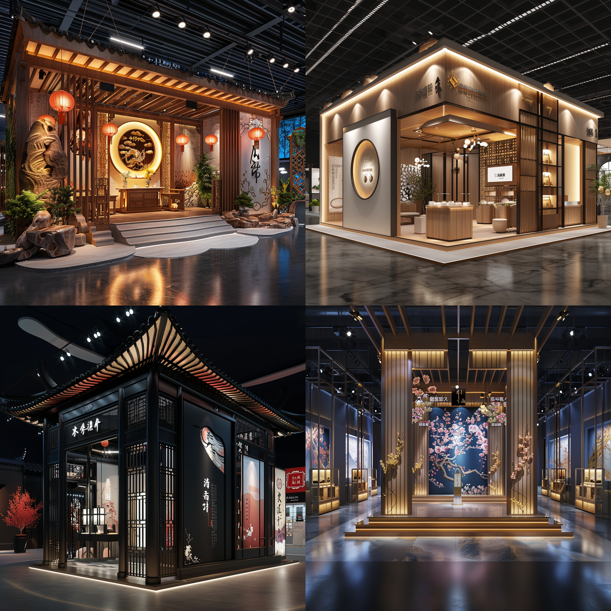 展台效果图，高大上轻奢效果，清爽风格，产品展示，8k超高细节，氛围感浓厚，国风氛围，高清拍摄，广角镜头，明亮照明，展示动作，细节突出，视觉冲击力。