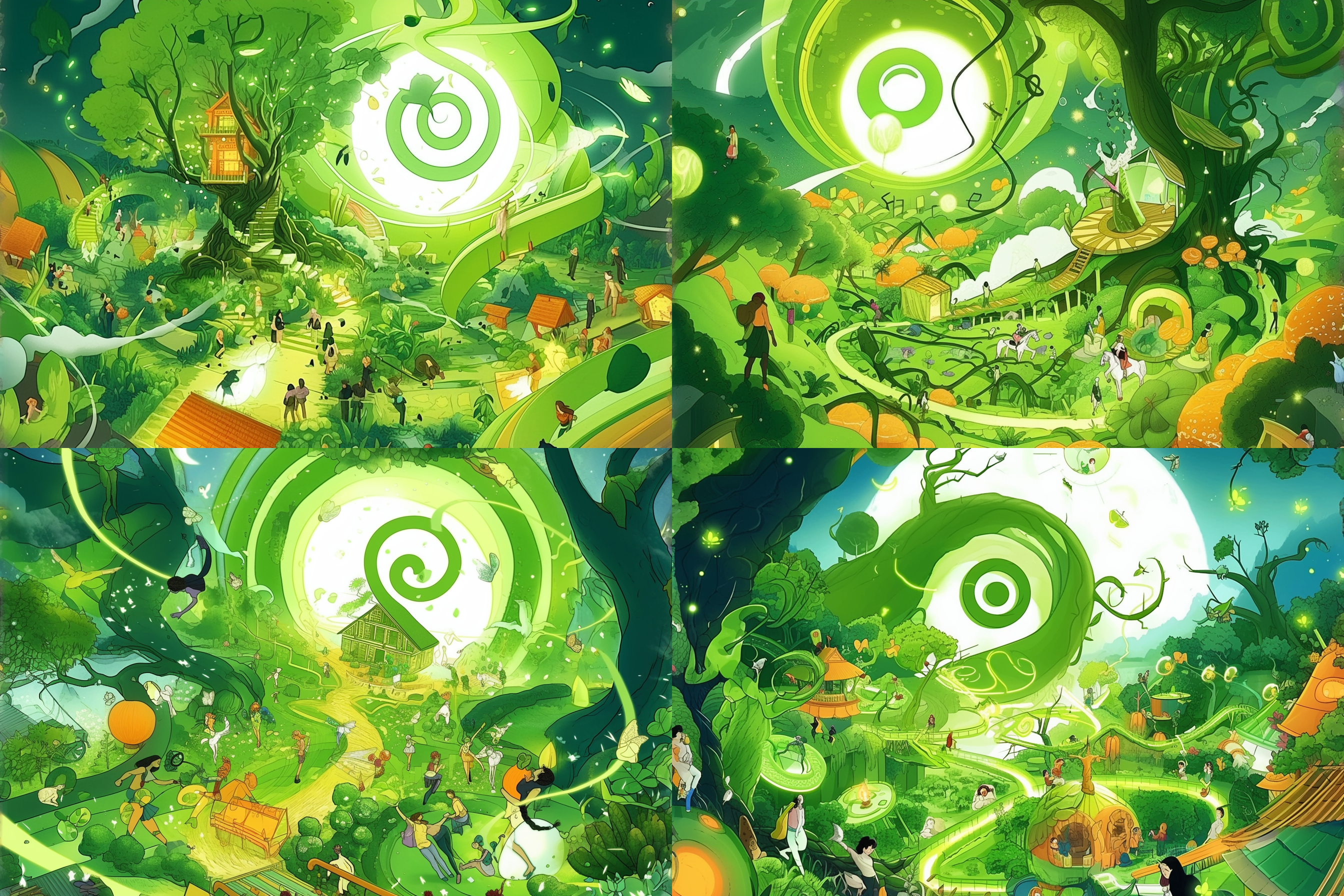 夜晚的魔幻发光森林，一座神秘的树屋被绿色的荧光环绕着。这是一座萤火虫的家园，人类到萤火虫家园里探秘，树屋上方悬挂着一轮明亮的月亮，照亮了整个森林。神秘、奇幻、光影交错、独角兽、荧光、树屋、月亮、森林、花海、夜晚。 奇幻森林 森林 魔法花园 丁达尔效应 低角度 霓虹 奇幻森林 森林 魔法花园 丁达尔效应 低角度 霓虹 绿野仙踪