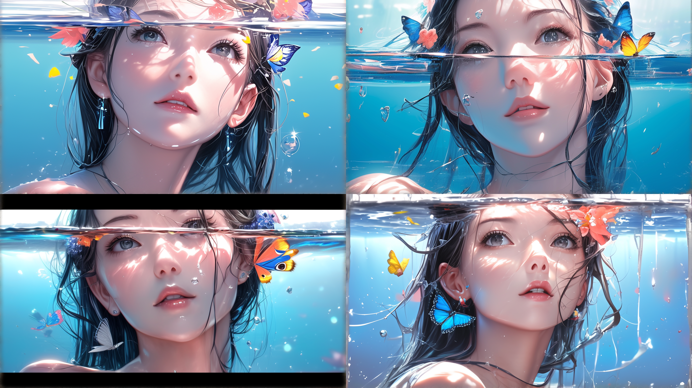 a girl in the water, with big eyes wide open, looked into the distance. she was wearing a butterfly decorated headband, and the water surface was above her shoulders. water shone on her head and shoulders,ultra hd,8k