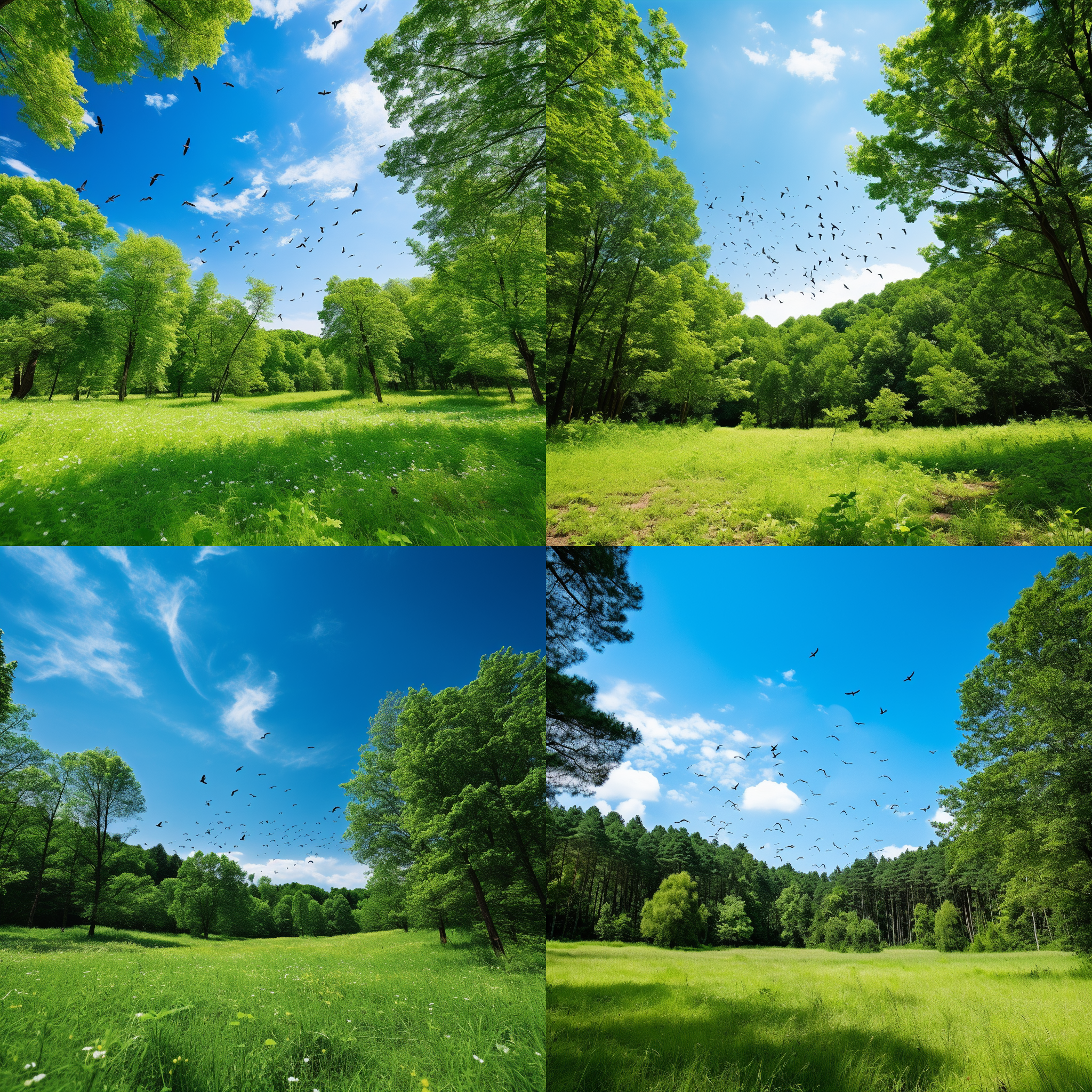 森林景色，繁茂的绿树和生机勃勃的绿草，背景是湛蓝的天空。鸟儿在空中翱翔，展翅飞行，利用和风轻拂。氛围宁静祥和，让观者感受到宁静与大自然的联系。 自然风光，清晰，广角镜头，明亮，和风，和谐，宁静，绿色，蓝天，生机勃勃。