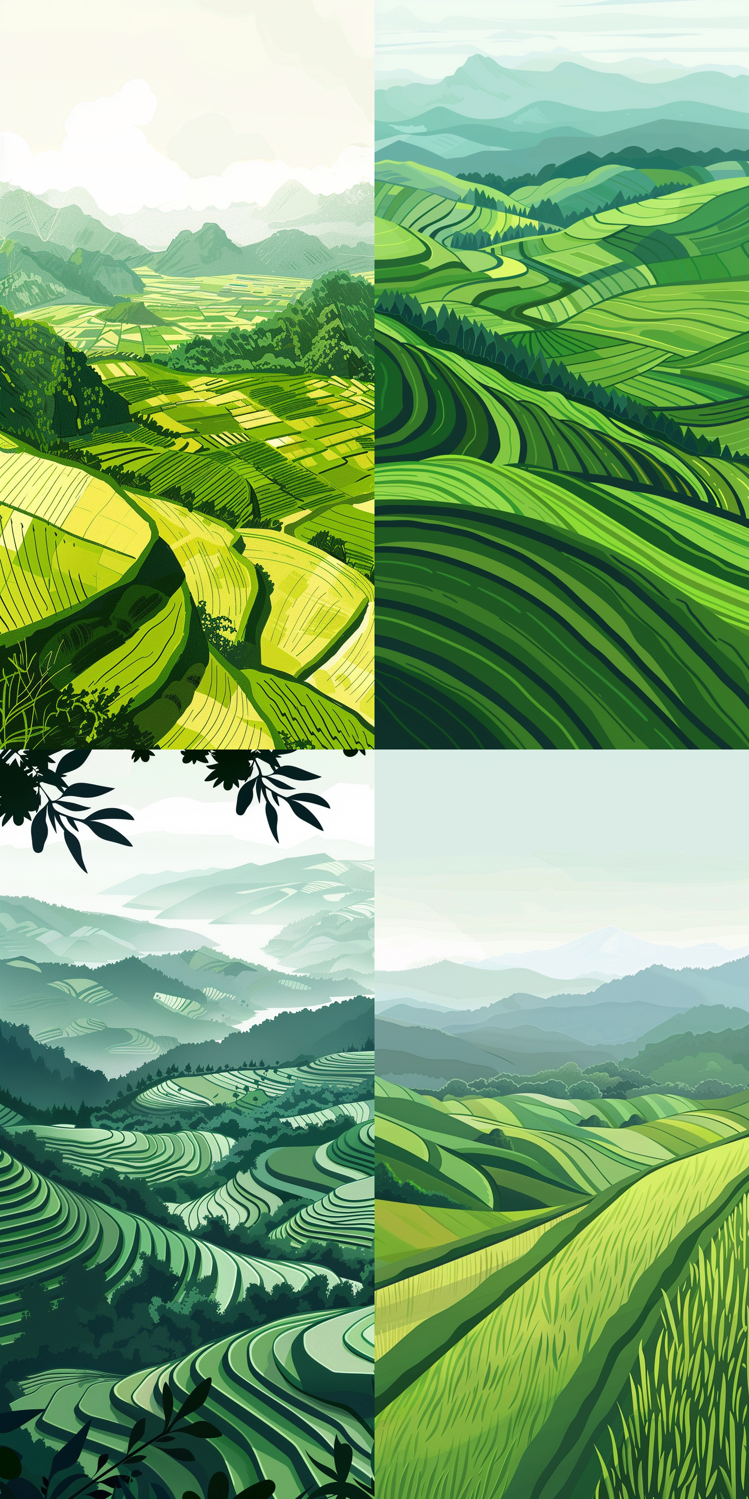 绿色，农耕，春天，平原，水稻田，，明亮，高级灰，矢量插画风格，矢量图，平面设计，水田，简约，色块 二维插图 长焦拍摄