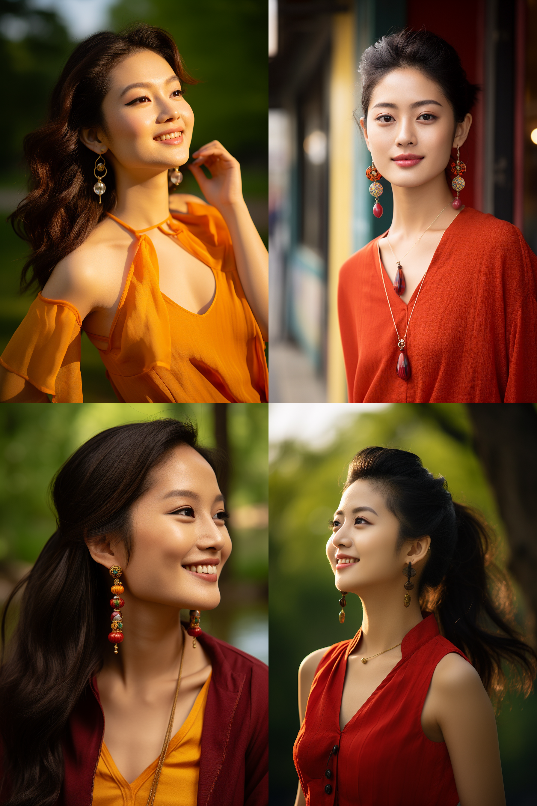 中国戴戴耳钉女孩，明亮光线，摄影图 清新自然，户外风景，肖像模式，中焦镜头，自然姿态，色彩鲜艳，快门优先，放松自然