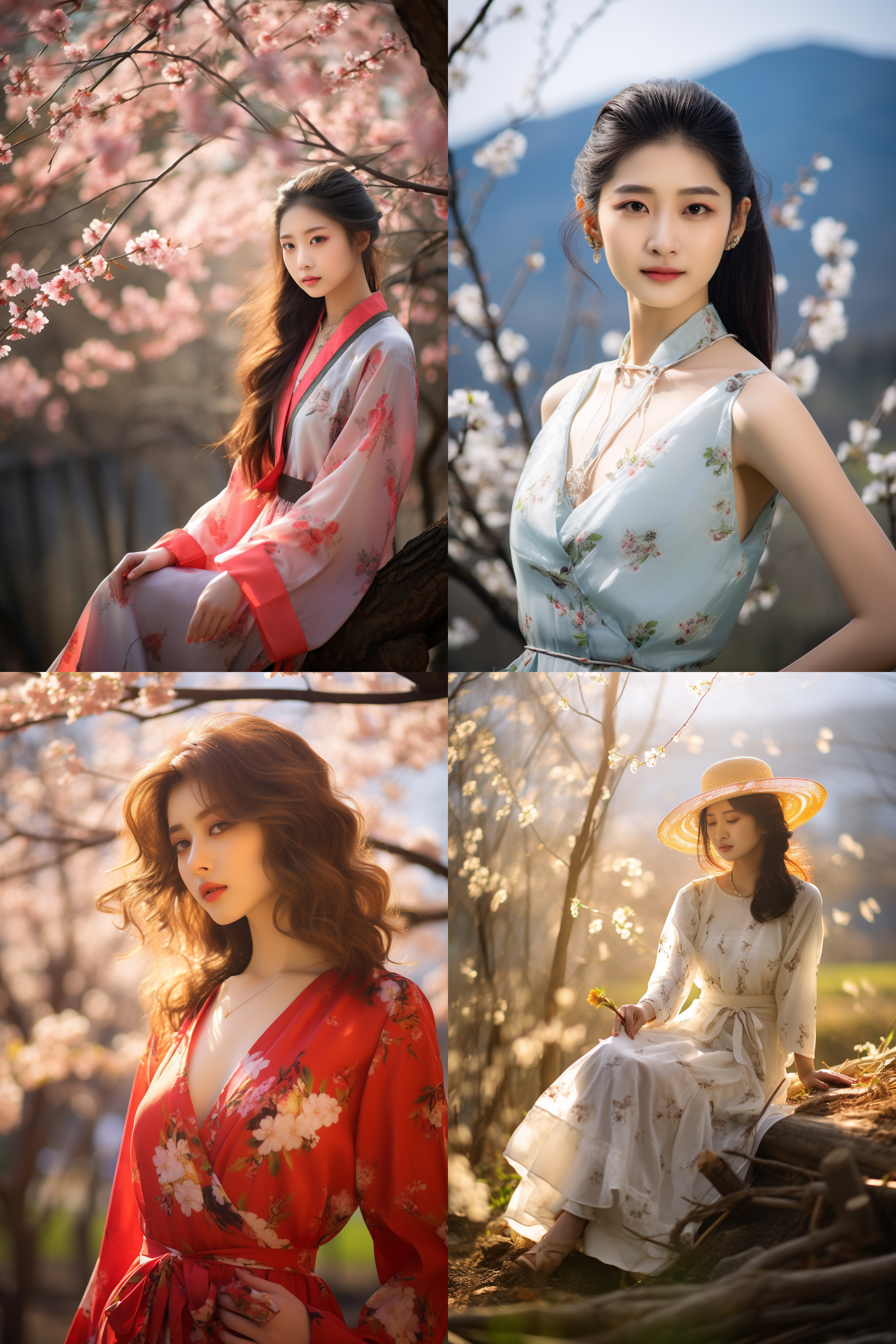 中国女孩，套裙服饰，春日摄影，明亮光线， 清新自然，户外风景，肖像模式，中焦镜头，自然姿态，