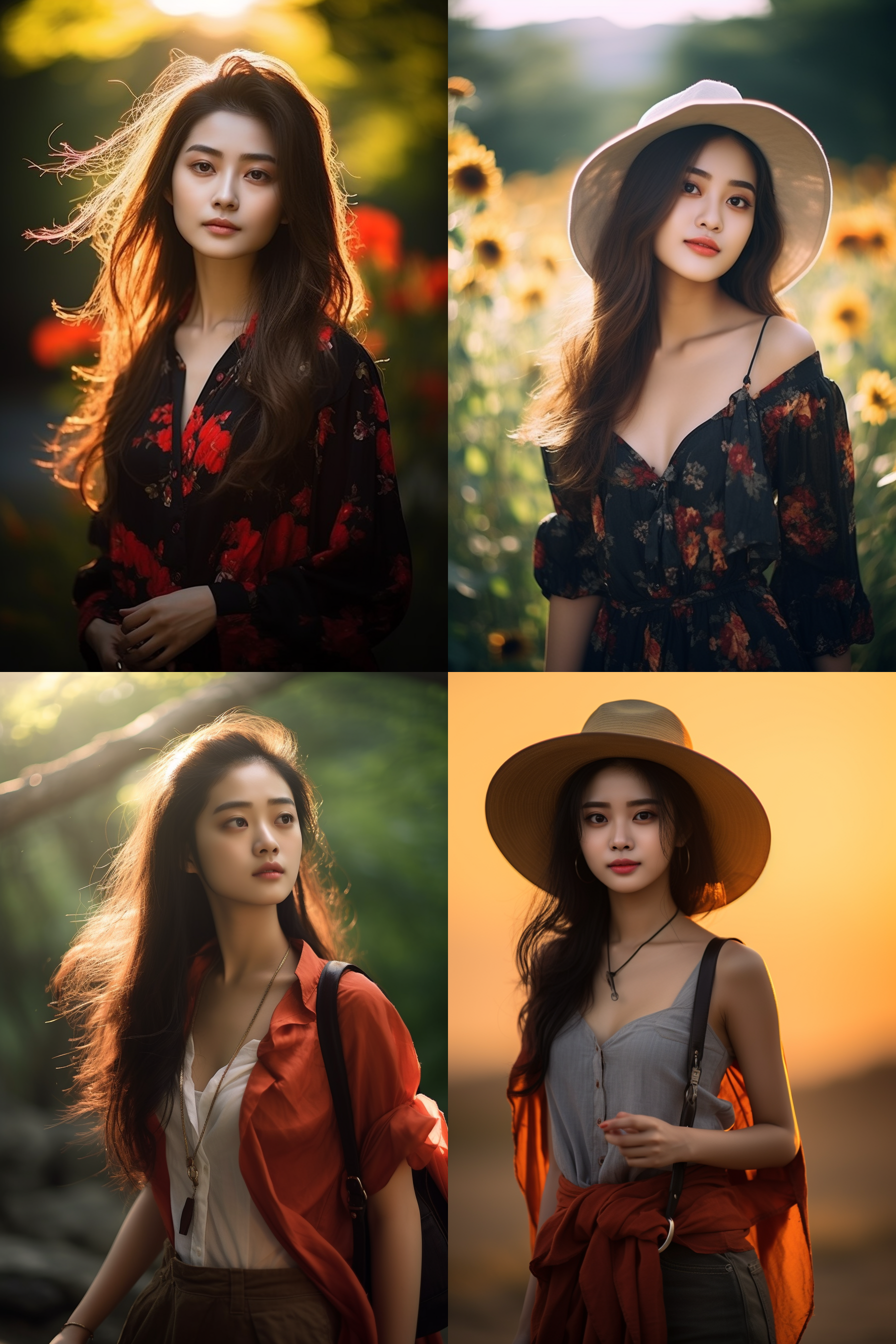 中国女孩，夏季服饰，夏日摄影，明亮光线， 清新自然，户外风景，肖像模式，中焦镜头，自然姿态，